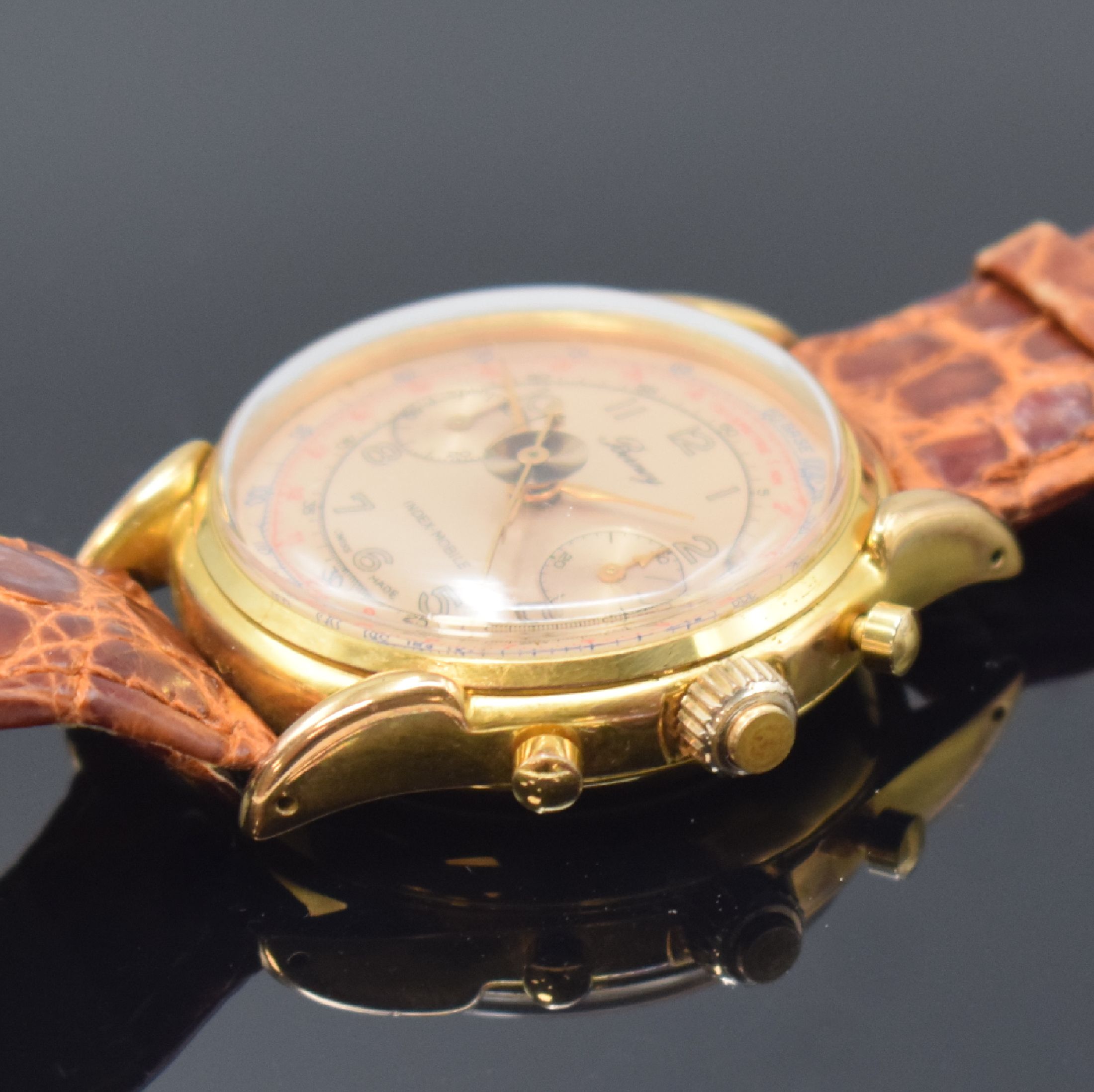 Detail b: BERNEY Index-Mobile Armbandchronograph mit Schleppzeiger, Schweiz um 1990, Handaufzug, verg. Gehäuse beids. vergl., kupferfarb. Zifferbl. m. arab. ...