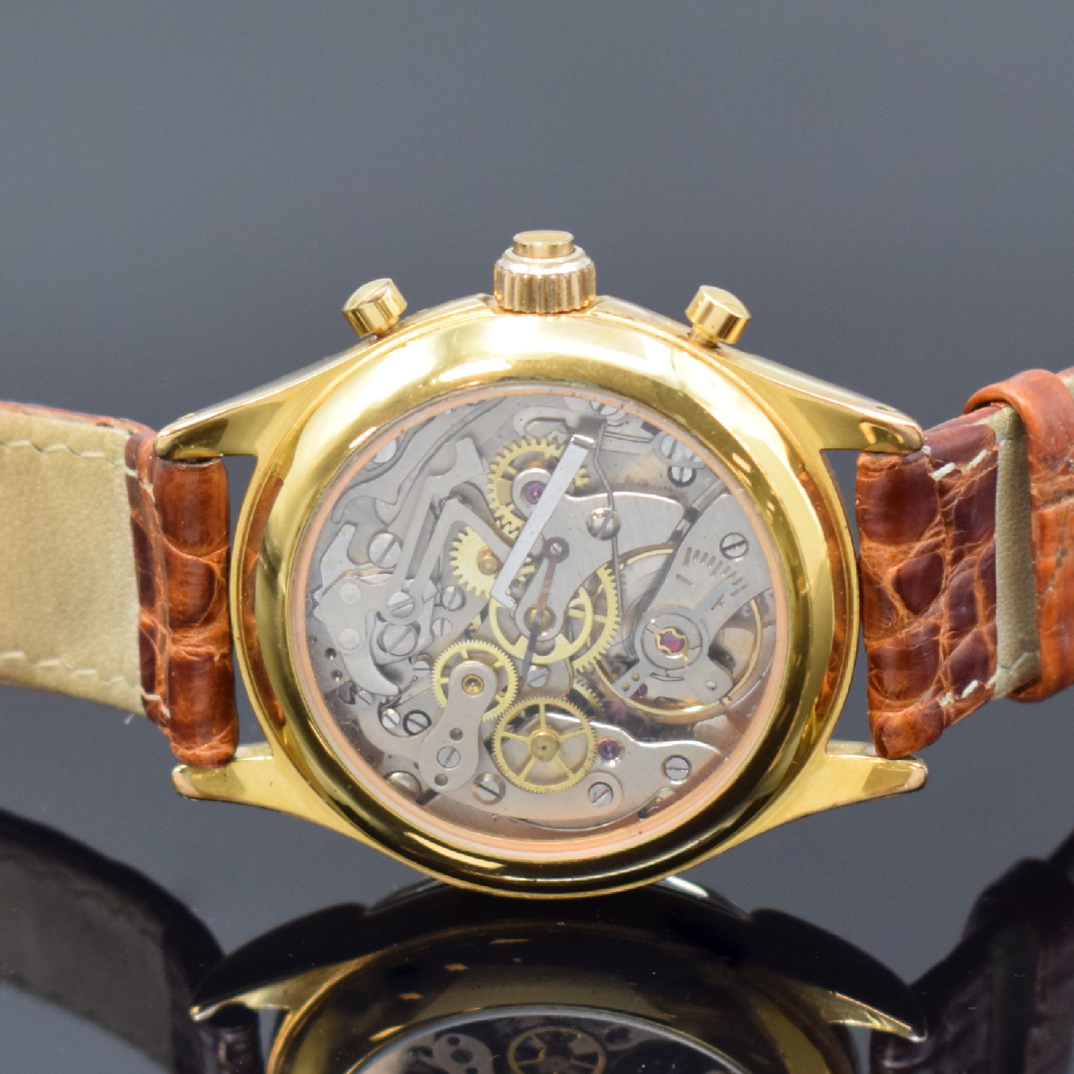 Detail c: BERNEY Index-Mobile Armbandchronograph mit Schleppzeiger, Schweiz um 1990, Handaufzug, verg. Gehäuse beids. vergl., kupferfarb. Zifferbl. m. arab. ...