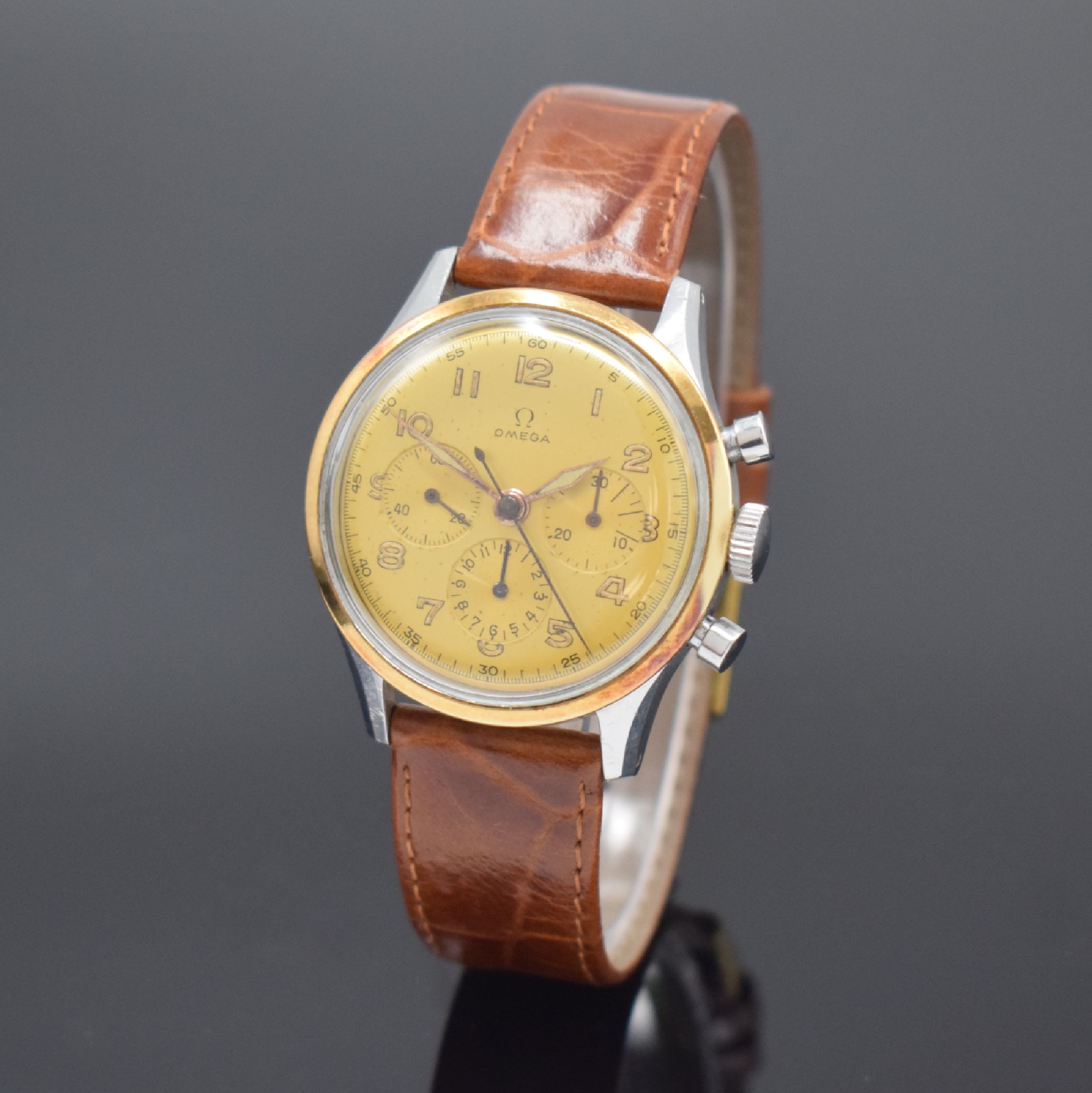 OMEGA seltene Herrenarmbanduhr mit Chronograph Referenz 2451 174 / Kaliber CHRO C12 T2PC,Schweiz um 1947, Handaufzug, 2-teil. Gehäuse in Stahl, ...