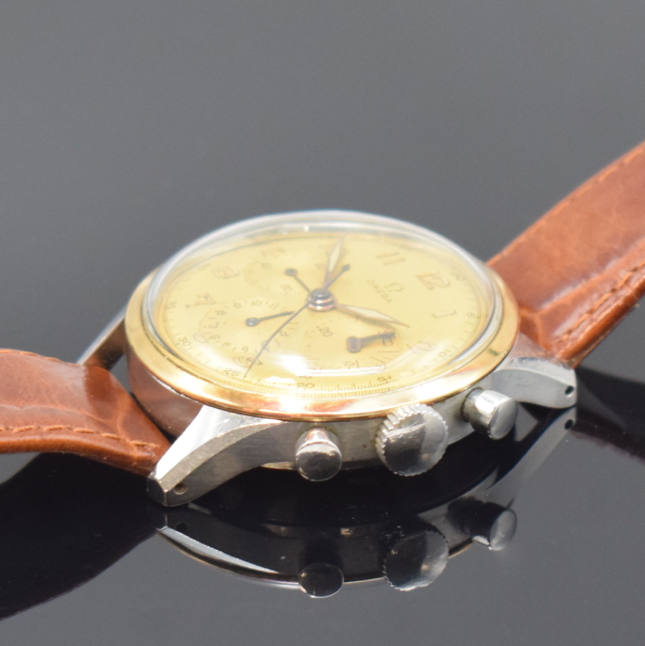 Detail c: OMEGA seltene Herrenarmbanduhr mit Chronograph Referenz 2451 174 / Kaliber CHRO C12 T2PC,Schweiz um 1947, Handaufzug, 2-teil. Gehäuse in Stahl, ...