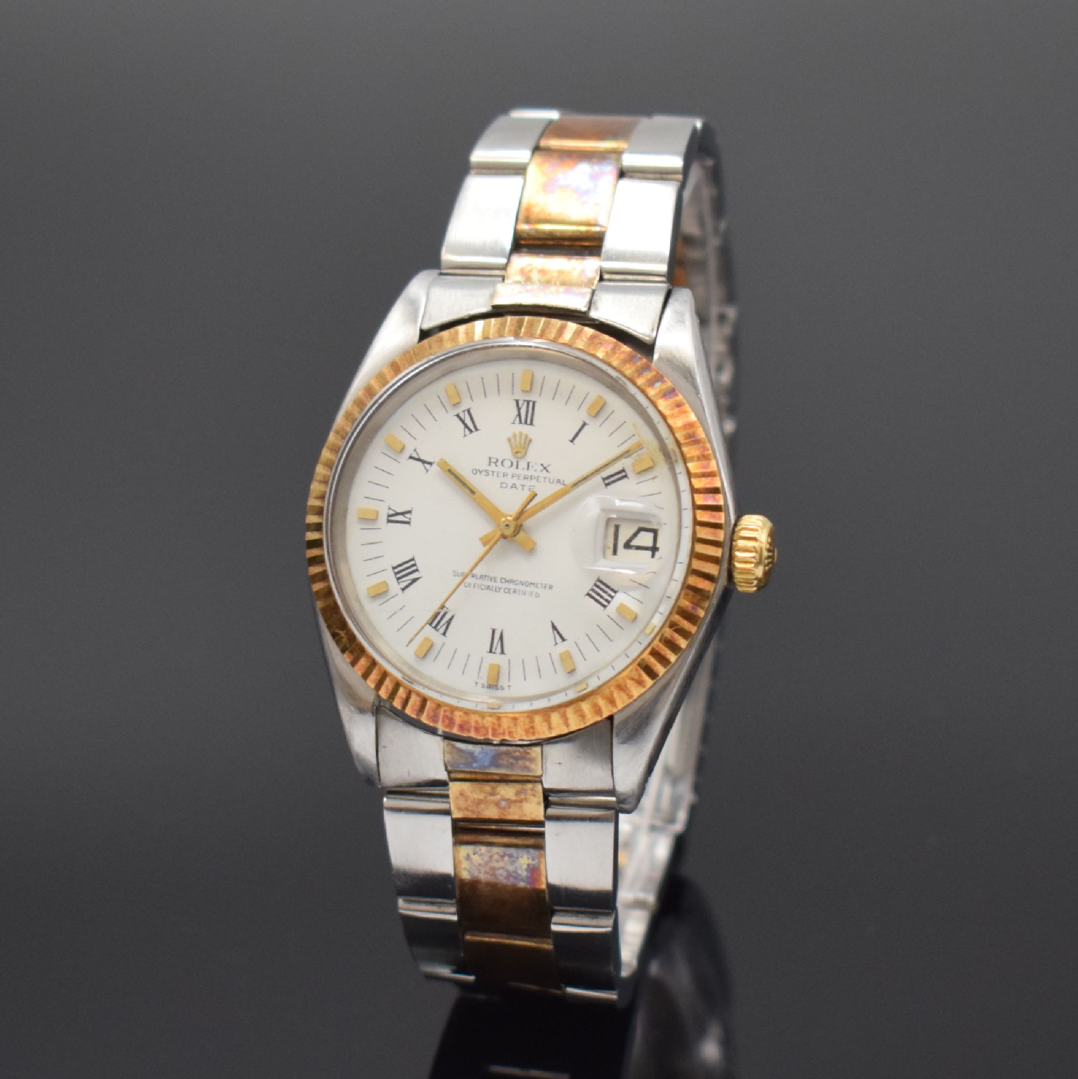 ROLEX Oyster Perpetual Date Referenz 1500 Herrenarmbanduhr, Schweiz um 1970, Automatik, Chronometer der Superlative in Edelstahl und Gold kombiniert ...