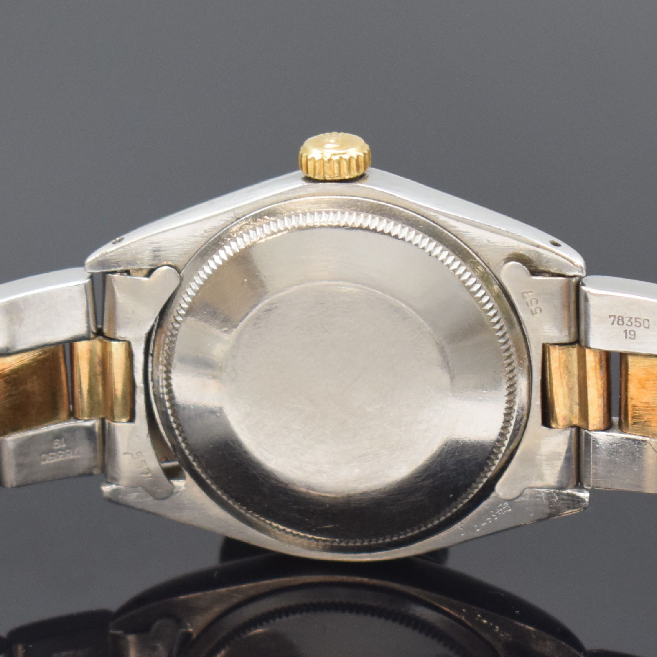Detail e: ROLEX Oyster Perpetual Date Referenz 1500 Herrenarmbanduhr, Schweiz um 1970, Automatik, Chronometer der Superlative in Edelstahl und Gold kombiniert ...