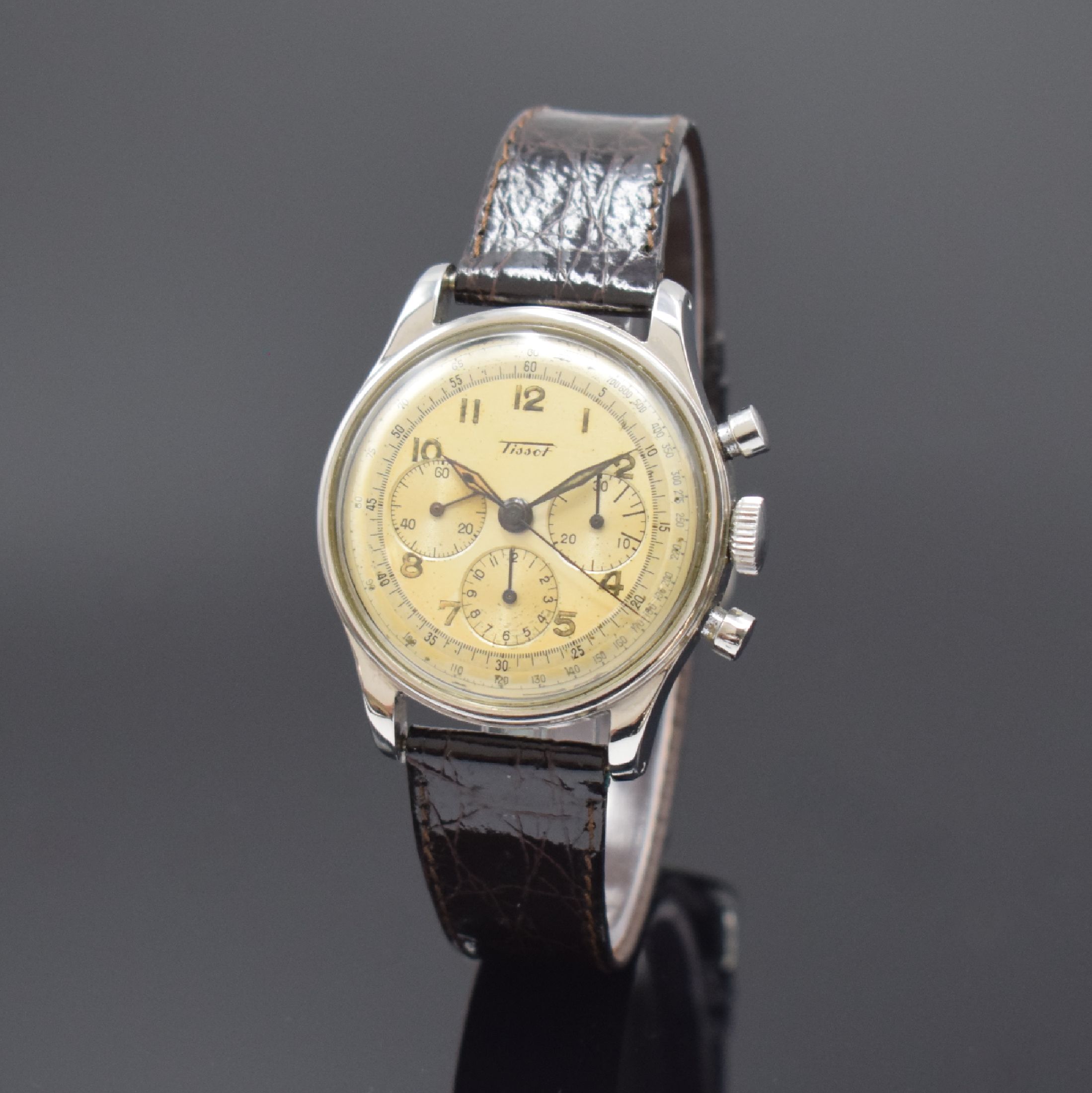 TISSOT Referenz 6216-4 Herrenarmbanduhr mit Chronograph Kaliber C27-41H, Schweiz um 1950, Handaufzug, 2-tlg. sign. Geh. in Stahl, Boden verschr., ...