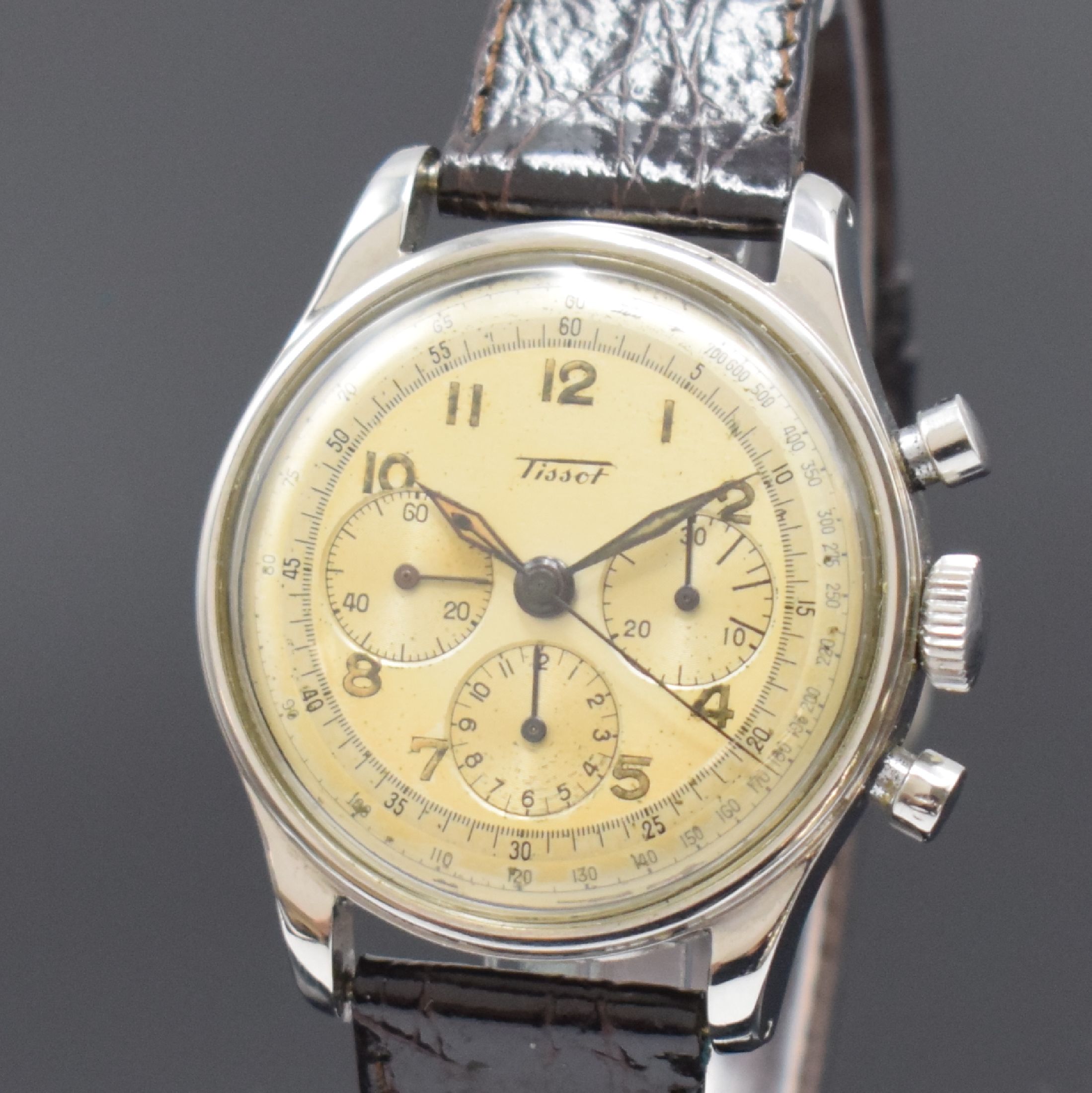 Detail a: TISSOT Referenz 6216-4 Herrenarmbanduhr mit Chronograph Kaliber C27-41H, Schweiz um 1950, Handaufzug, 2-tlg. sign. Geh. in Stahl, Boden verschr., ...