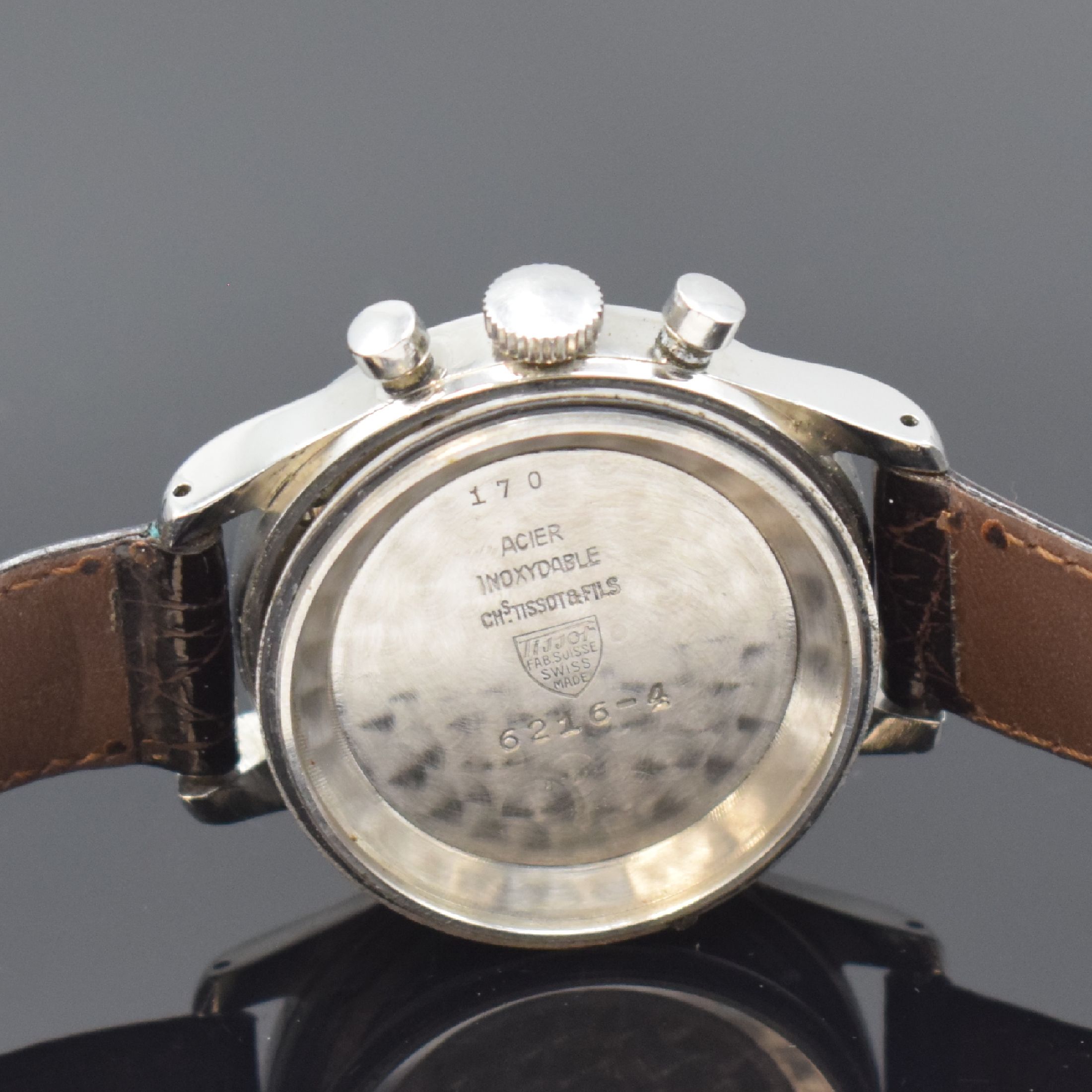 Detail e: TISSOT Referenz 6216-4 Herrenarmbanduhr mit Chronograph Kaliber C27-41H, Schweiz um 1950, Handaufzug, 2-tlg. sign. Geh. in Stahl, Boden verschr., ...