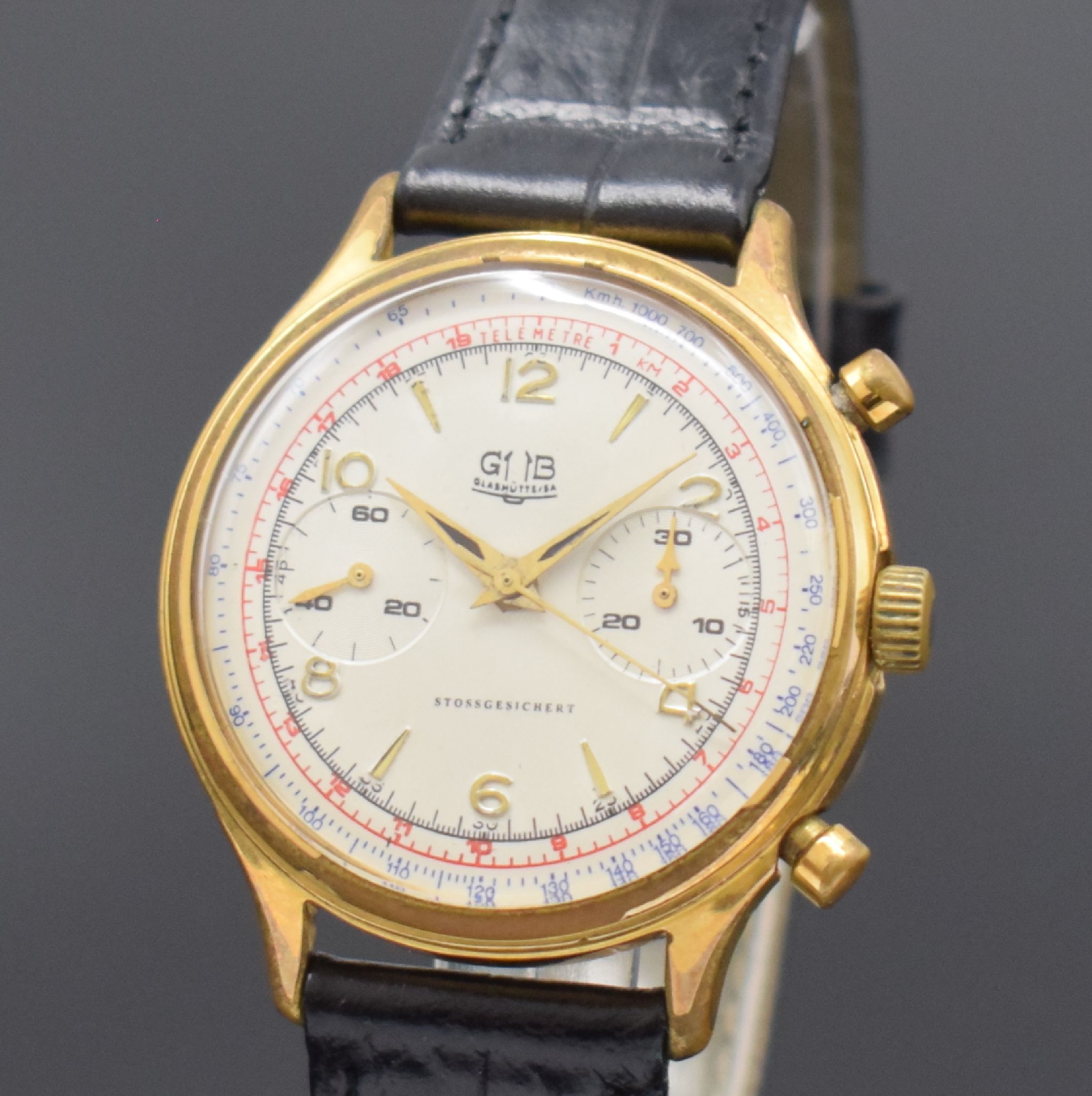 Detail a: GUB Schaltradchronograph mit Flyback-Funktion Kaliber 64, Deutschland um 1960, Handaufzug, verg. Geh., Stahlboden geschr., rest. Zifferbl., 30 ...