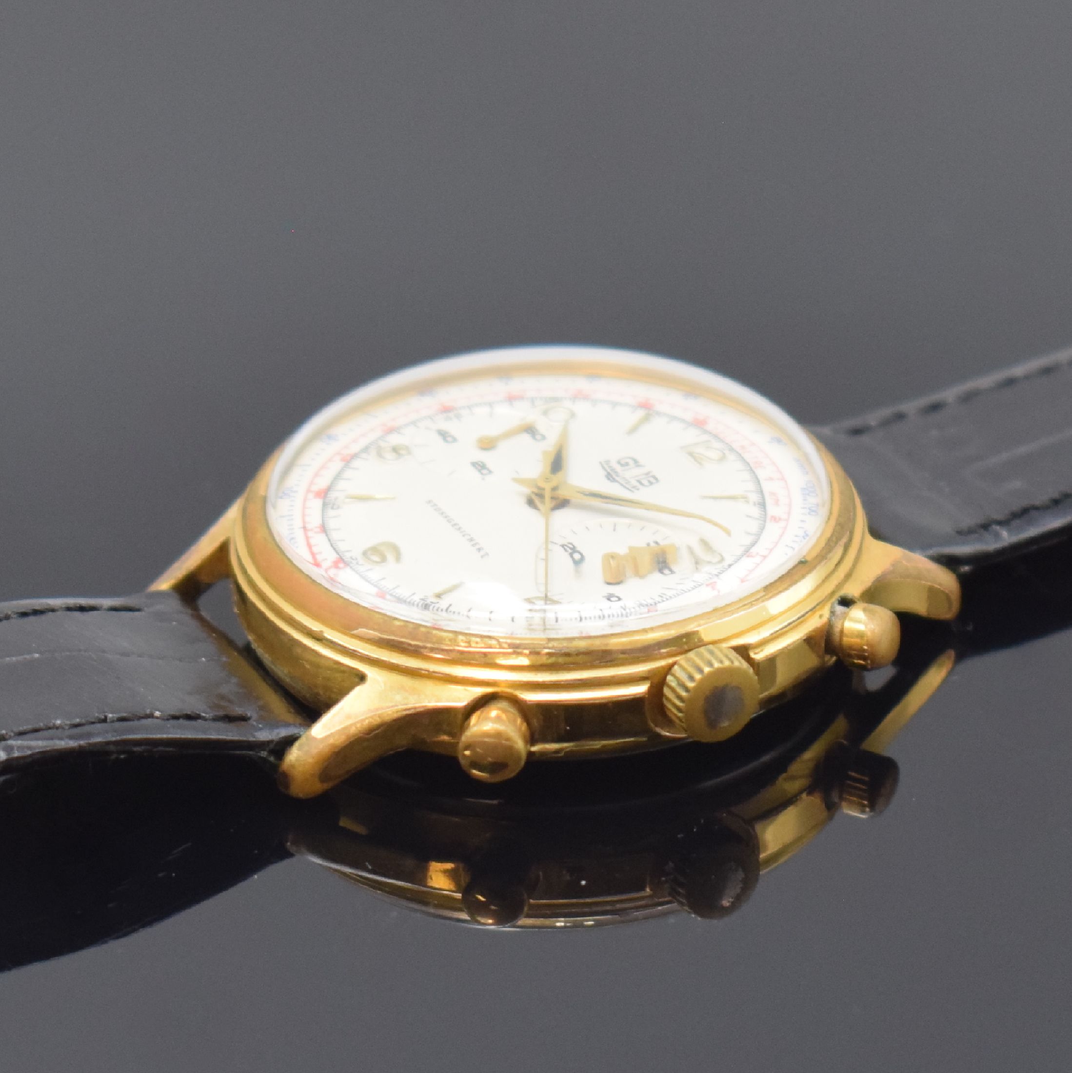 Detail b: GUB Schaltradchronograph mit Flyback-Funktion Kaliber 64, Deutschland um 1960, Handaufzug, verg. Geh., Stahlboden geschr., rest. Zifferbl., 30 ...