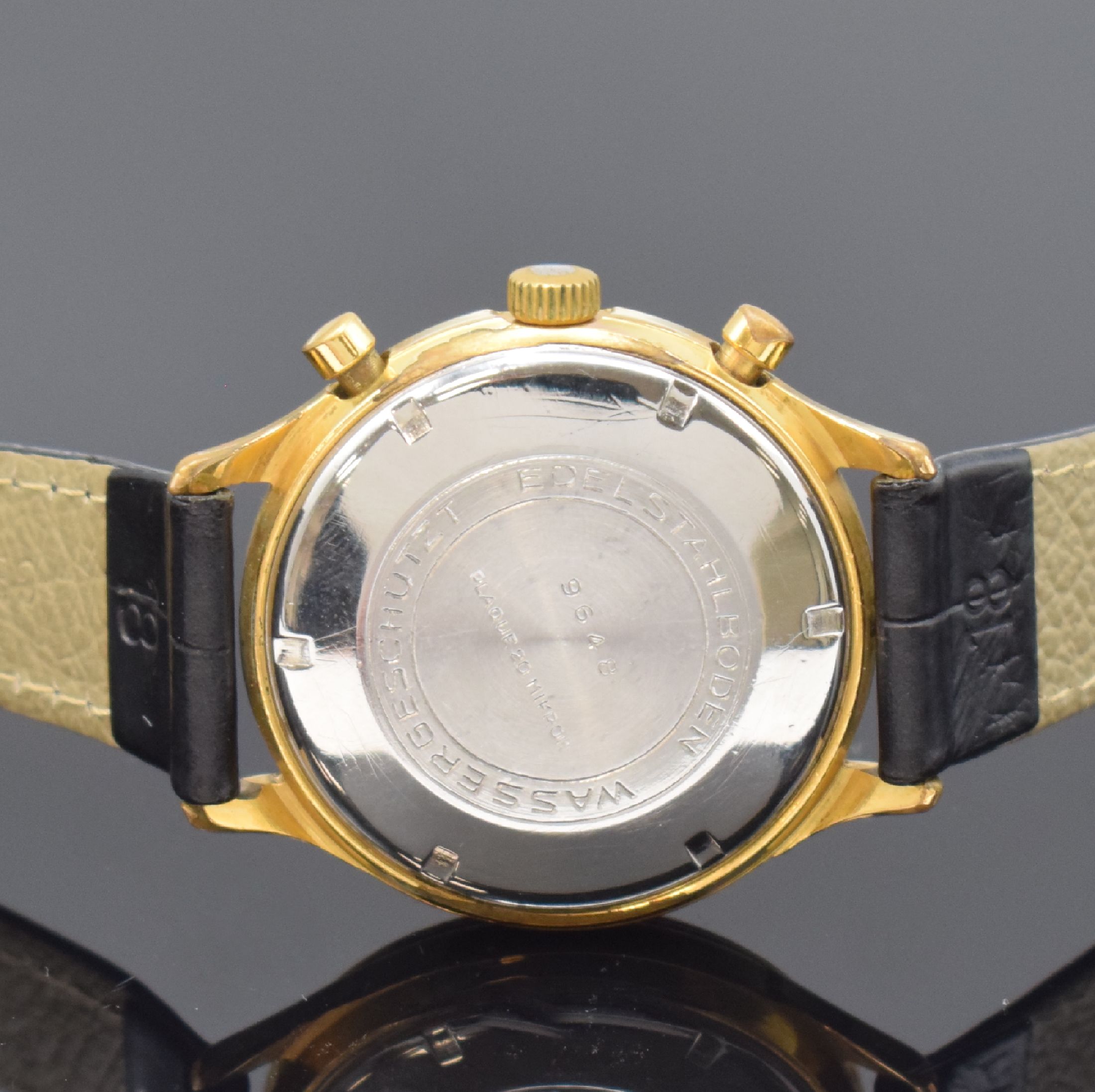 Detail c: GUB Schaltradchronograph mit Flyback-Funktion Kaliber 64, Deutschland um 1960, Handaufzug, verg. Geh., Stahlboden geschr., rest. Zifferbl., 30 ...