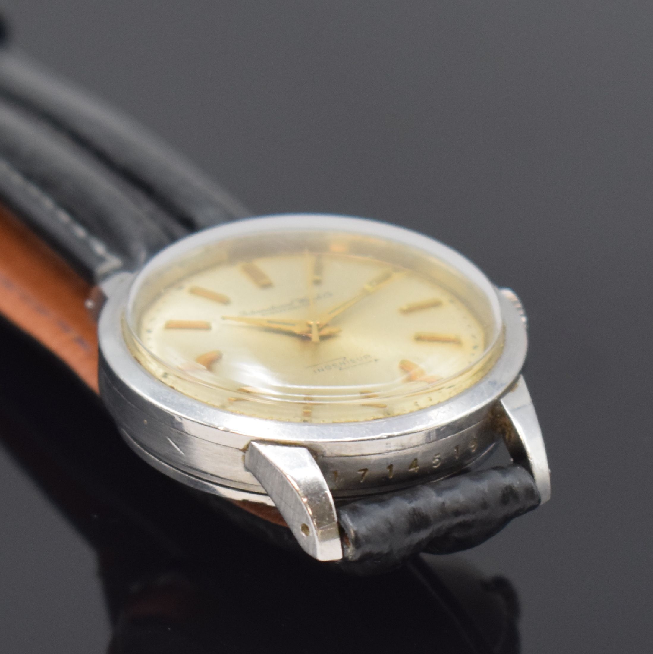 Detail c: IWC Ingenieur Herrenarmbanduhr Referenz 666, Schweiz um 1964, Automatik, Stahlgehäuse mit Weicheiseninnenschale, Boden geschr., silb. Zifferbl. m. ...
