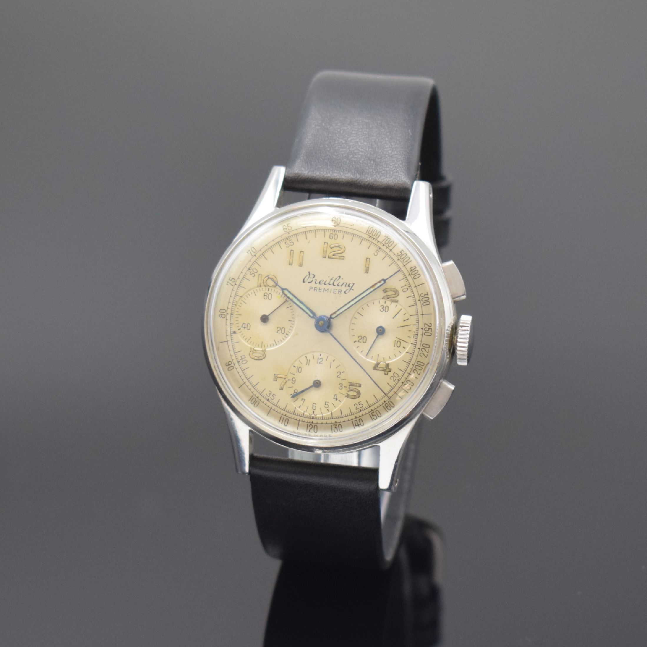BREITLING Premier Herrenarmbanduhr Referenz 787 mit Chronograph, Schweiz um 1945, Handaufzug, 3-teil. Stahlgeh., Boden und Glasrand aufgedr., sign. ...