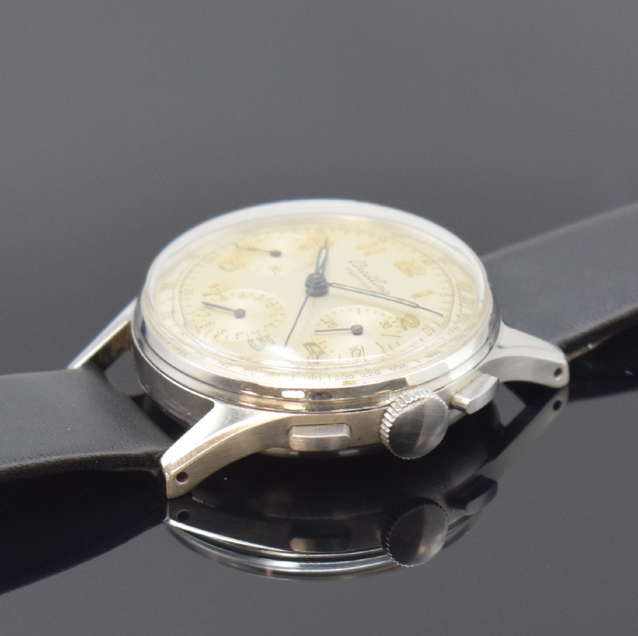 Detail b: BREITLING Premier Herrenarmbanduhr Referenz 787 mit Chronograph, Schweiz um 1945, Handaufzug, 3-teil. Stahlgeh., Boden und Glasrand aufgedr., sign. ...