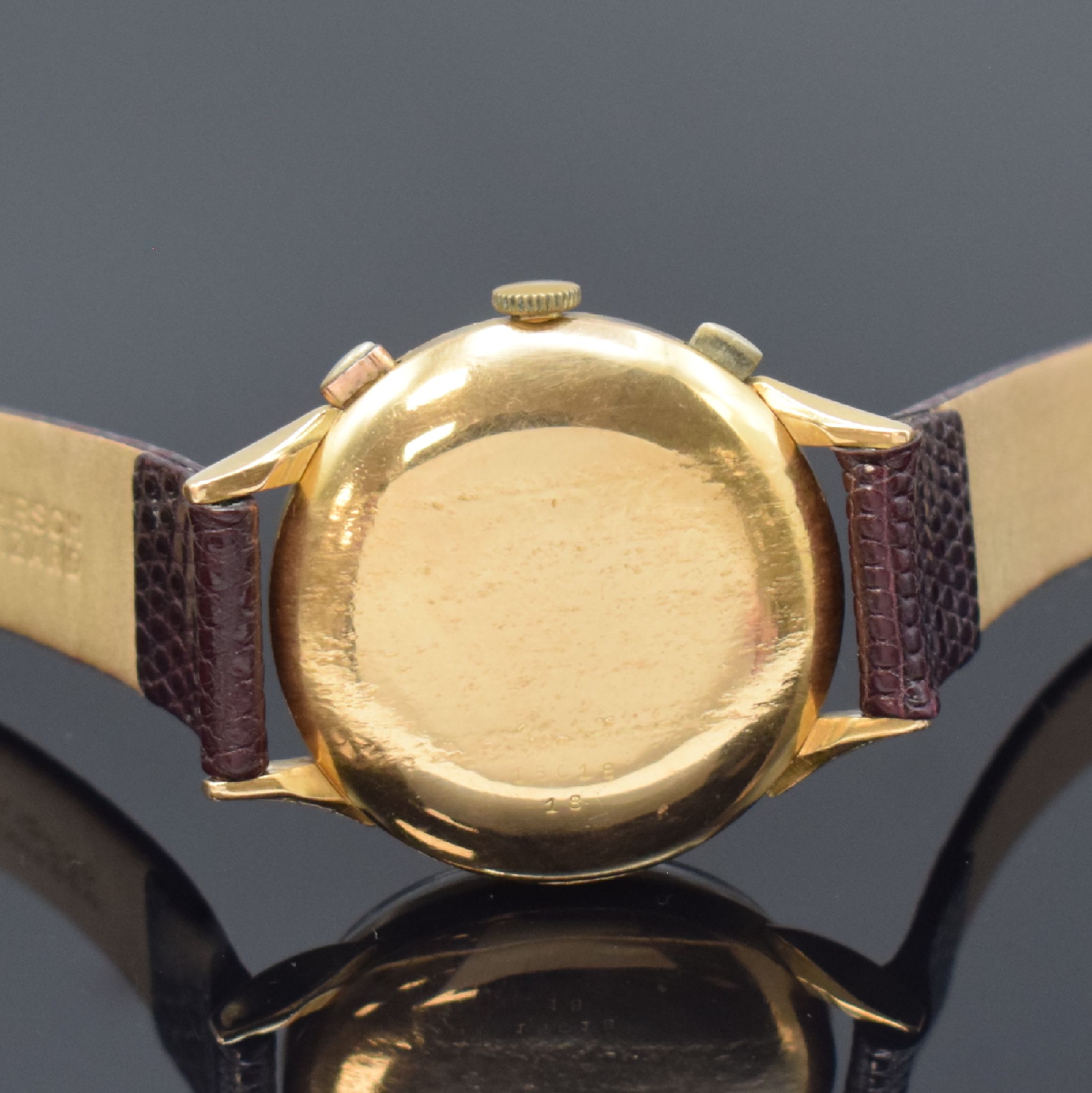 Detail c: MINERVA Herrenarmbanduhr mit Chronograph Referenz 15018 in GG 750/000, Schweiz um 1950, Handaufzug, 3-teil. sign. Gehäuse, Boden u. Glasrand ...
