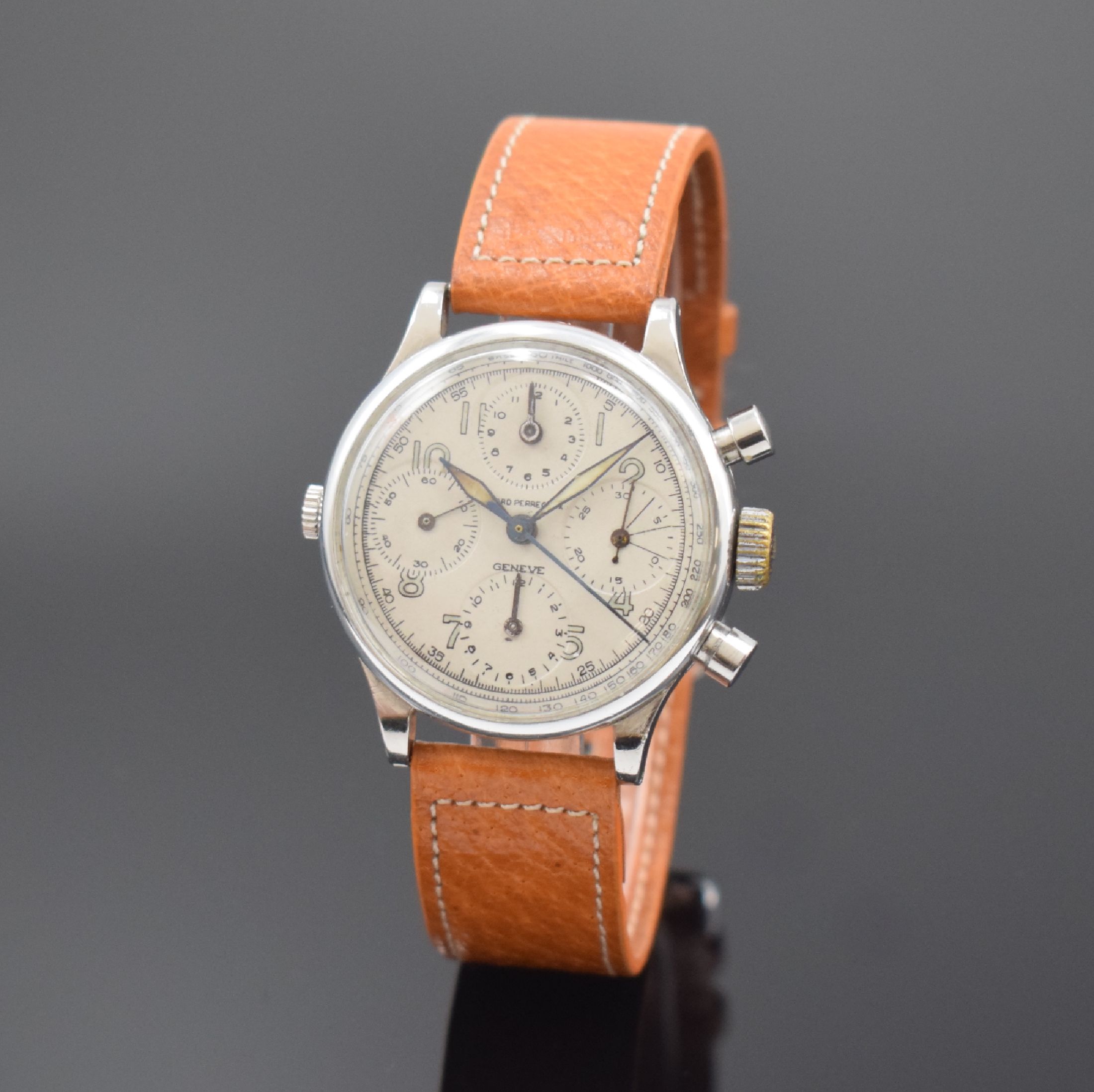 GIRARD PERREGAUX Herrenarmbanduhr mit Chronograph in Stahl, Schweiz um 1945, Handaufzug, 3-teil. Gehäuse, Boden (neutr. ers.) u. Lünette aufgedr., ...
