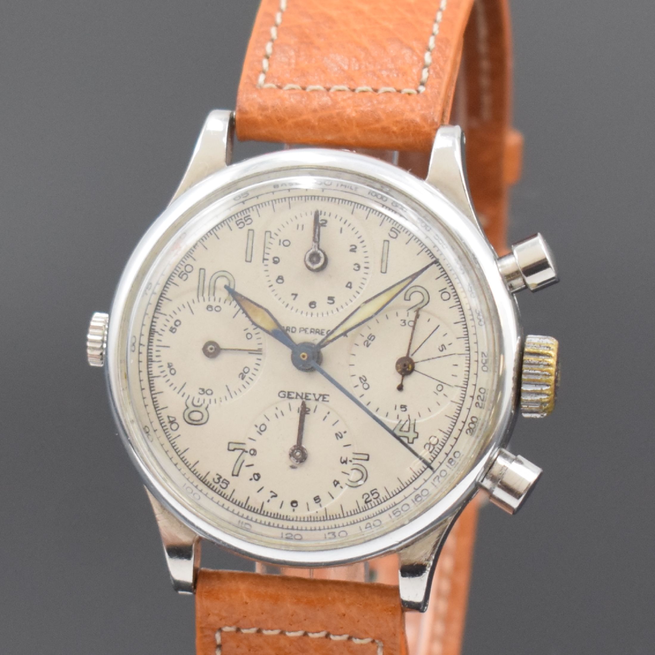 Detail a: GIRARD PERREGAUX Herrenarmbanduhr mit Chronograph in Stahl, Schweiz um 1945, Handaufzug, 3-teil. Gehäuse, Boden (neutr. ers.) u. Lünette aufgedr., ...