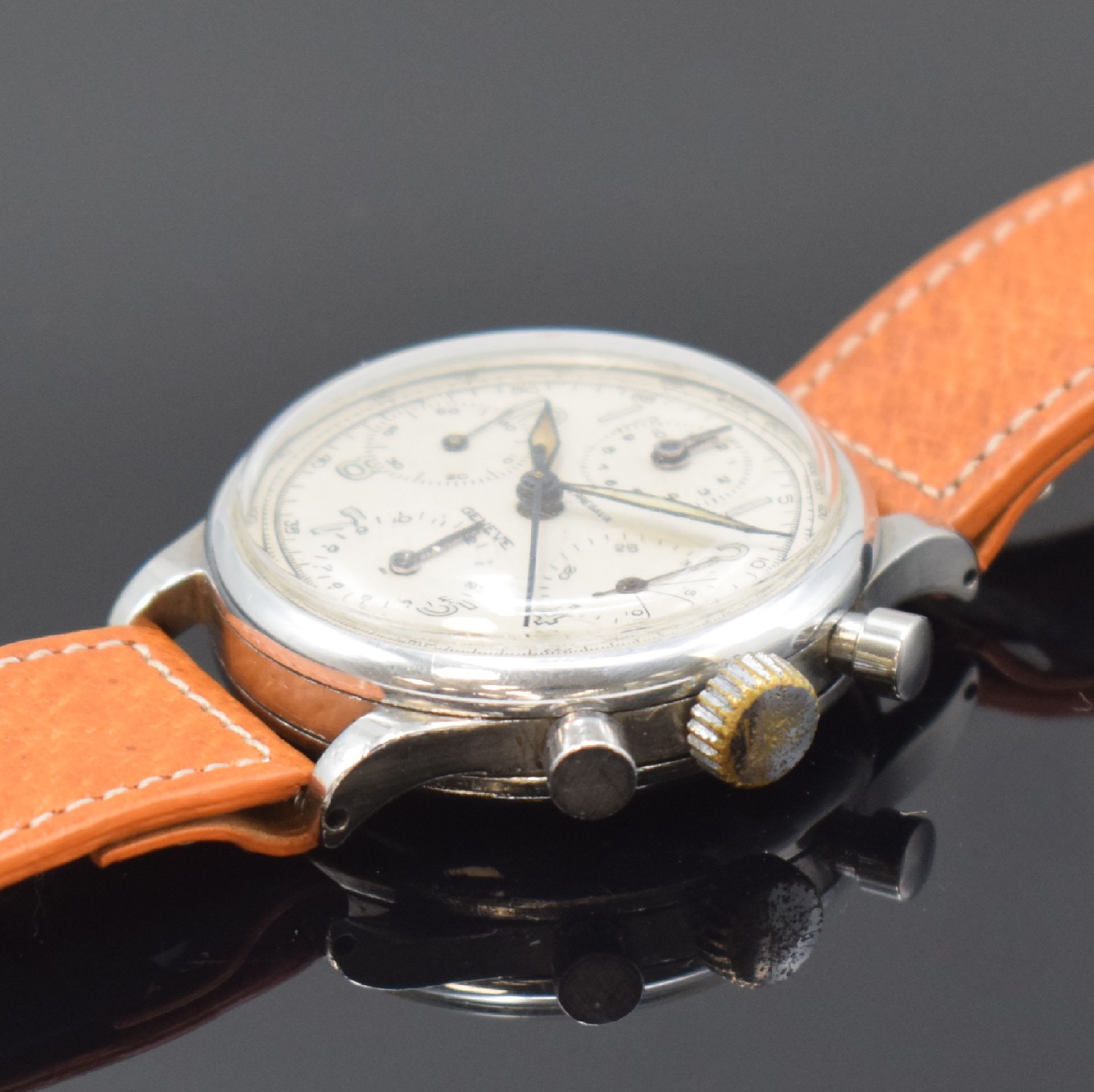 Detail b: GIRARD PERREGAUX Herrenarmbanduhr mit Chronograph in Stahl, Schweiz um 1945, Handaufzug, 3-teil. Gehäuse, Boden (neutr. ers.) u. Lünette aufgedr., ...
