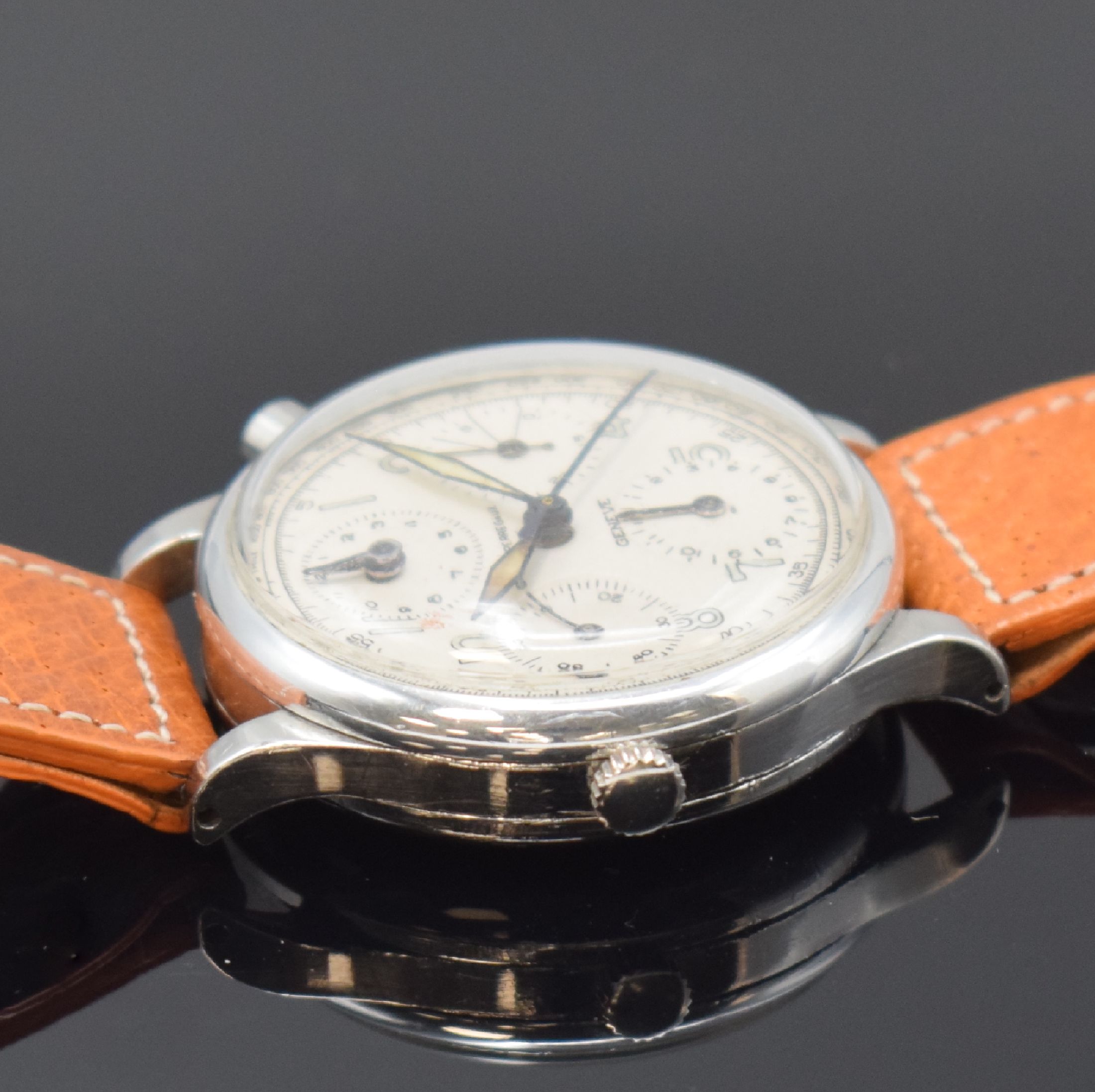 Detail c: GIRARD PERREGAUX Herrenarmbanduhr mit Chronograph in Stahl, Schweiz um 1945, Handaufzug, 3-teil. Gehäuse, Boden (neutr. ers.) u. Lünette aufgedr., ...