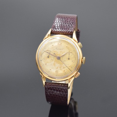 Image 26661393 - MINERVA 18k yellow gold gents wristwatch with chronograph reference 15018, Switzerland around 1950, manual winding, signed 3-piece construction case, snap on case back and bezel, signed dial due to age patinated or spotty, signed movement calibre 13-20, screw- balance, Breguet balance-spring, diameter approx. 36 mm, signs of use, pusher worn out, condition 3-4, property of a collector
