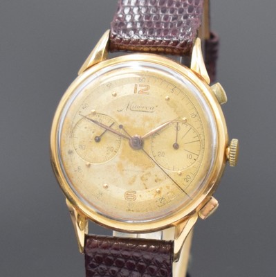26661393a - MINERVA 18k yellow gold gents wristwatch with chronograph reference 15018, Switzerland around 1950, manual winding, signed 3-piece construction case, snap on case back and bezel, signed dial due to age patinated or spotty, signed movement calibre 13-20, screw- balance, Breguet balance-spring, diameter approx. 36 mm, signs of use, pusher worn out, condition 3-4, property of a collector