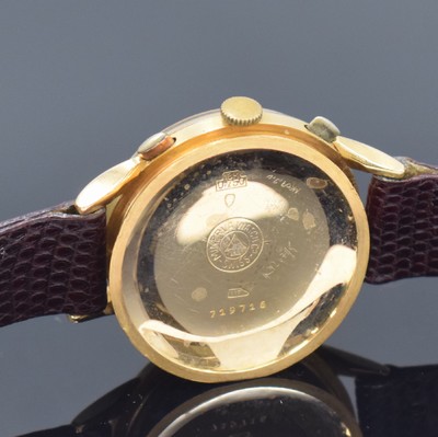26661393e - MINERVA 18k yellow gold gents wristwatch with chronograph reference 15018, Switzerland around 1950, manual winding, signed 3-piece construction case, snap on case back and bezel, signed dial due to age patinated or spotty, signed movement calibre 13-20, screw- balance, Breguet balance-spring, diameter approx. 36 mm, signs of use, pusher worn out, condition 3-4, property of a collector