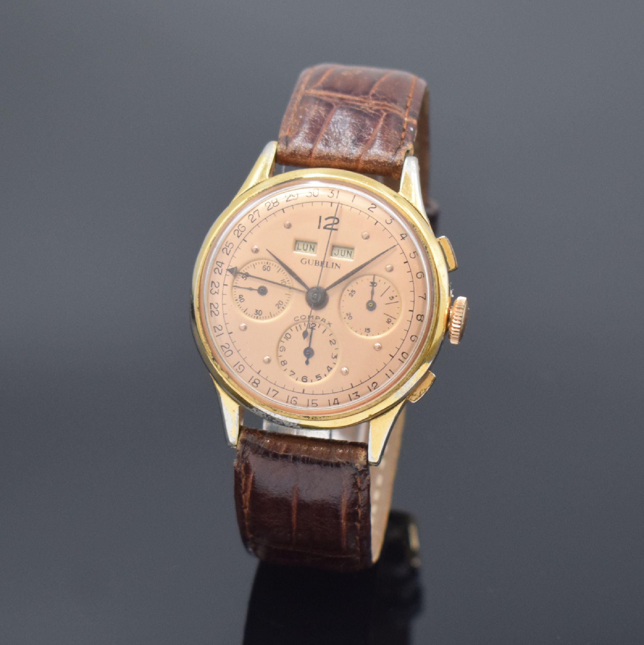 GÜBELIN Herrenarmbanduhr mit Chronograph Kaliber Valjoux 72C Referenz 3125, Schweiz um 1945, Handaufzug, 2-teil. verg. Gehäuse, Stahlboden ...