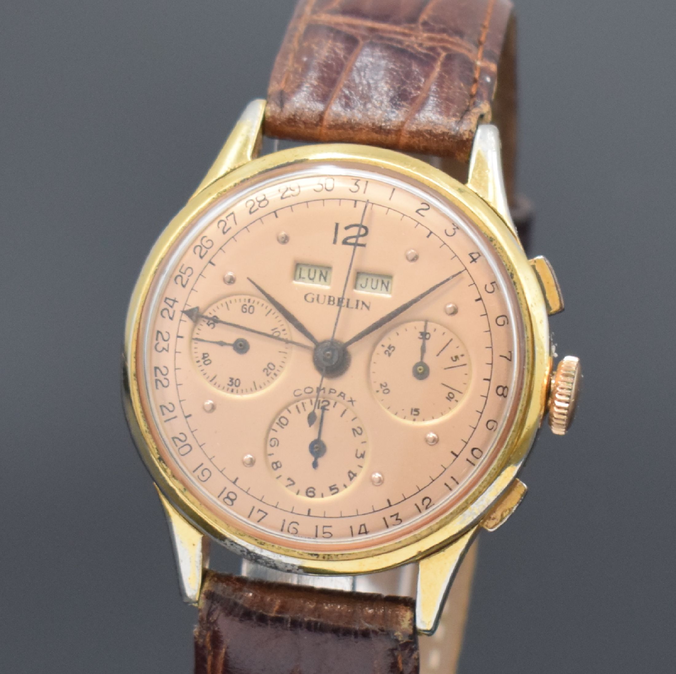 Detail a: GÜBELIN Herrenarmbanduhr mit Chronograph Kaliber Valjoux 72C Referenz 3125, Schweiz um 1945, Handaufzug, 2-teil. verg. Gehäuse, Stahlboden ...