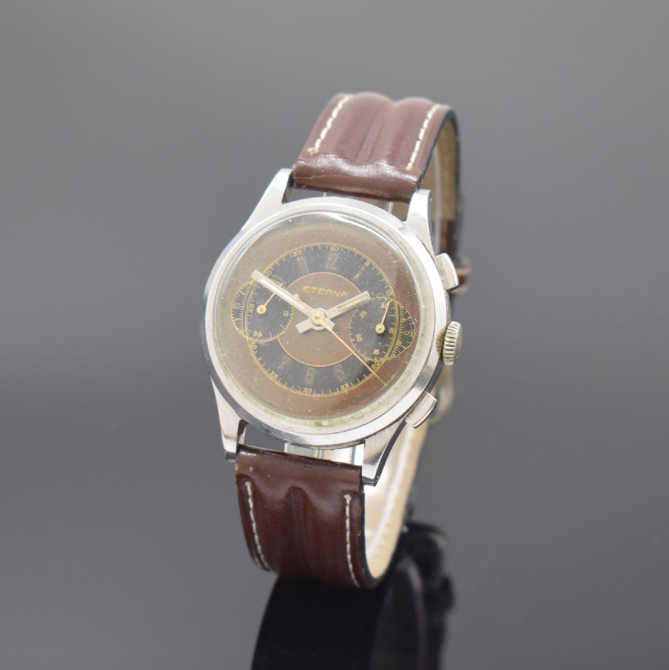 ETERNA Herrenarmbanduhr mit Chronograph Kaliber 703 E / Valjoux 22, Schweiz um 1950, Handaufzug, 3-teil. Stahlgehäuse, Boden u. Glasrand aufgedr., ...