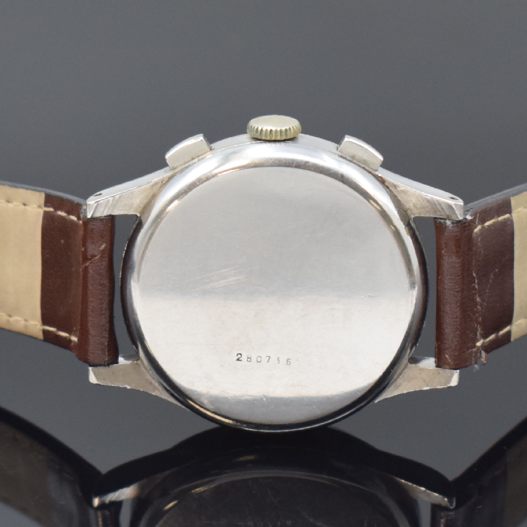 Detail c: ETERNA Herrenarmbanduhr mit Chronograph Kaliber 703 E / Valjoux 22, Schweiz um 1950, Handaufzug, 3-teil. Stahlgehäuse, Boden u. Glasrand aufgedr., ...