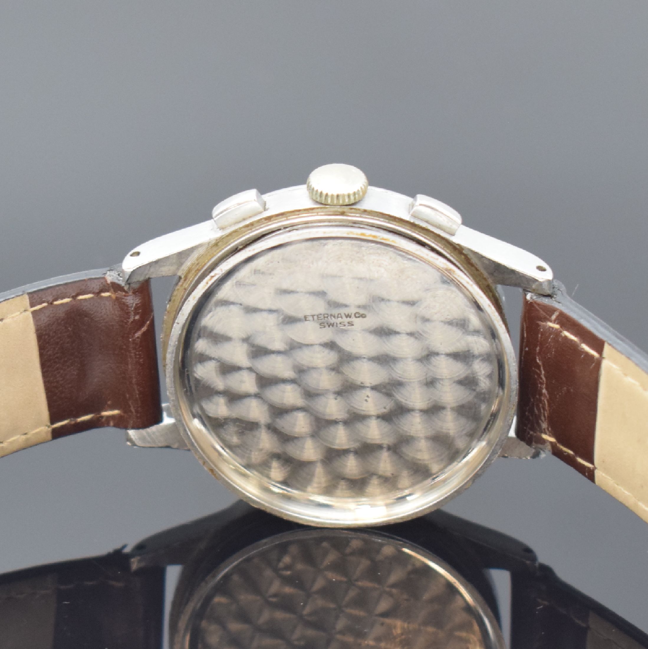 Detail e: ETERNA Herrenarmbanduhr mit Chronograph Kaliber 703 E / Valjoux 22, Schweiz um 1950, Handaufzug, 3-teil. Stahlgehäuse, Boden u. Glasrand aufgedr., ...