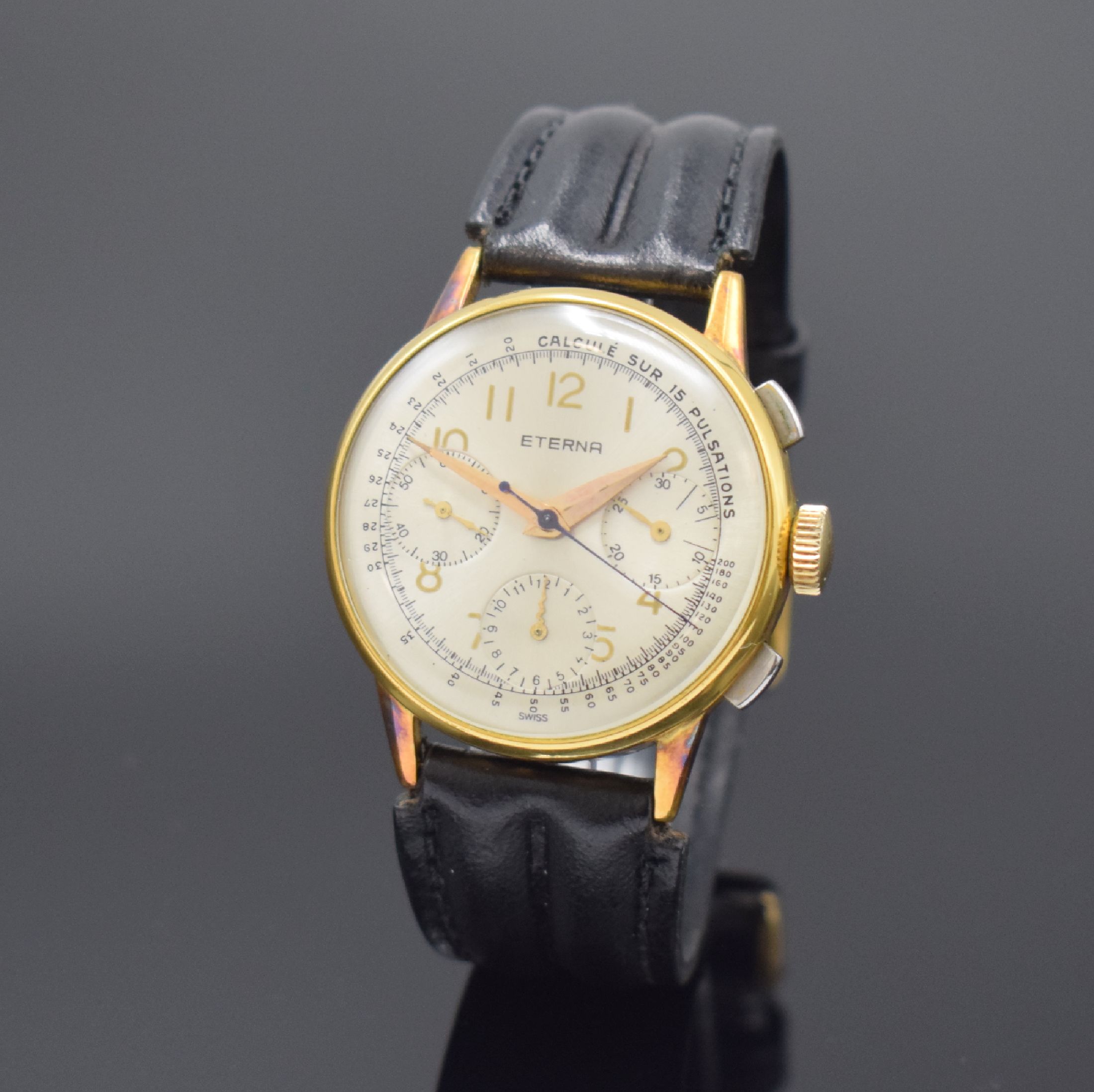 ETERNA Herrenarmbanduhr mit Chronograph Kaliber E 704 / Valjoux 71, Schweiz um 1950, Handaufzug, verg. Gehäuse, sign. Stahlboden aufgedr., rest. ...