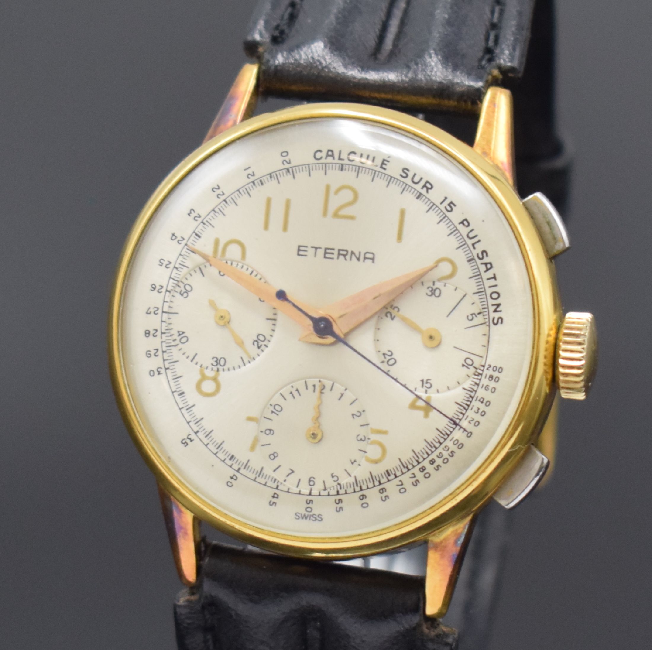 Detail a: ETERNA Herrenarmbanduhr mit Chronograph Kaliber E 704 / Valjoux 71, Schweiz um 1950, Handaufzug, verg. Gehäuse, sign. Stahlboden aufgedr., rest. ...