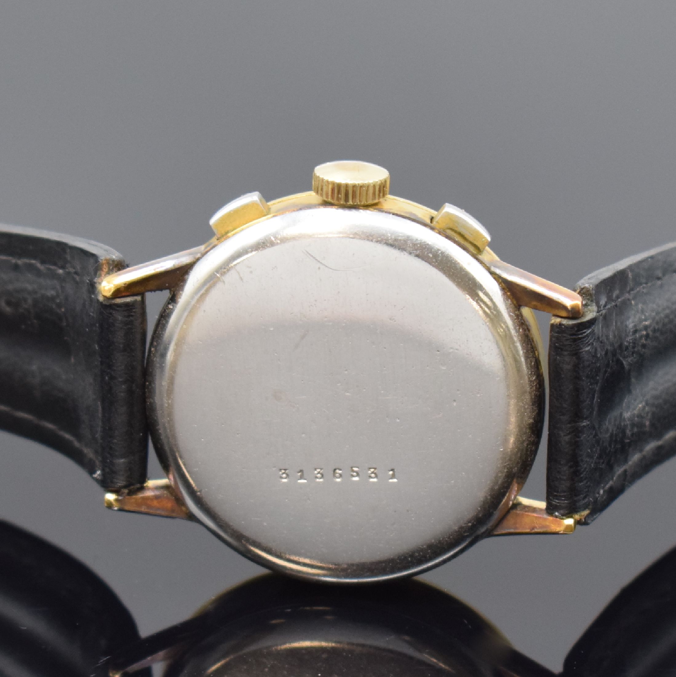 Detail c: ETERNA Herrenarmbanduhr mit Chronograph Kaliber E 704 / Valjoux 71, Schweiz um 1950, Handaufzug, verg. Gehäuse, sign. Stahlboden aufgedr., rest. ...