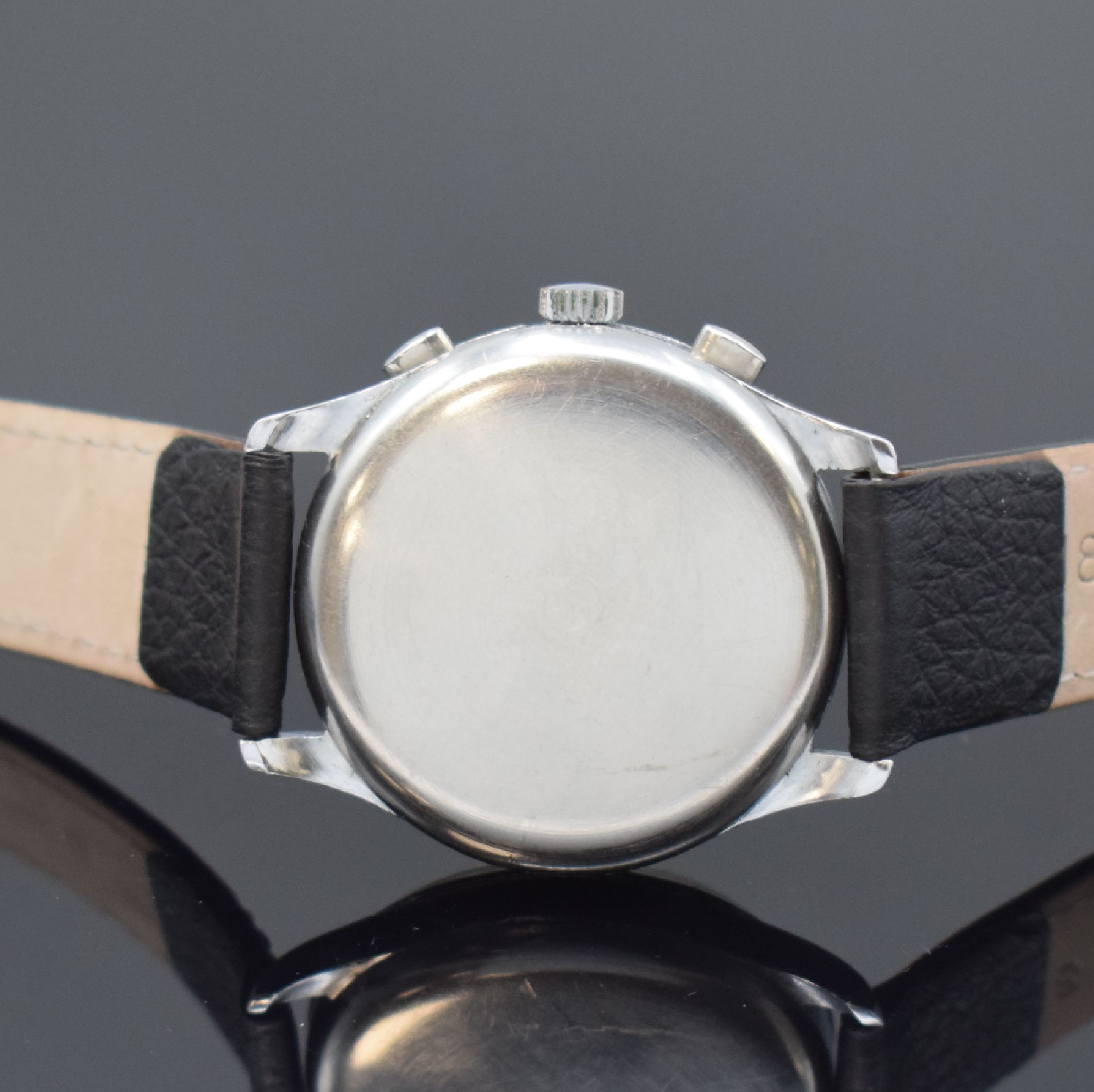 Detail c: ANGELUS Herrenarmbanduhr mit Chronograph Kaliber 215, Schweiz um 1945, Handaufzug, 3 -teil. verchr. Gehäuse, Stahlboden aufgedr., orig. Zifferbl., ...