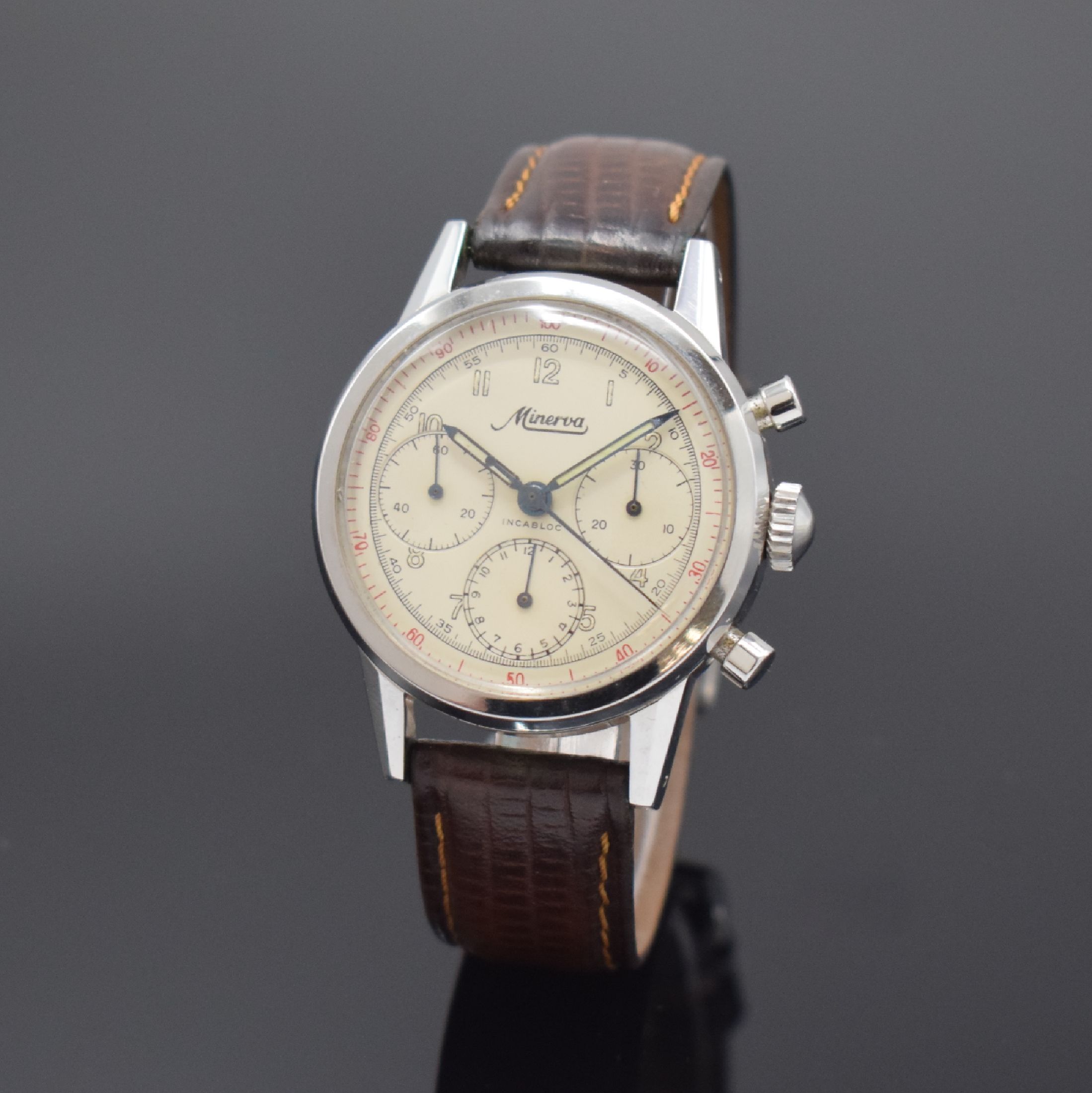 MINERVA Herrenarmbanduhr mit Chronograph Referenz VD 712 Kaliber Valjoux 72, Schweiz um 1965, Handaufzug, 2-teil. Gehäuse in Stahl, sign. Boden ...