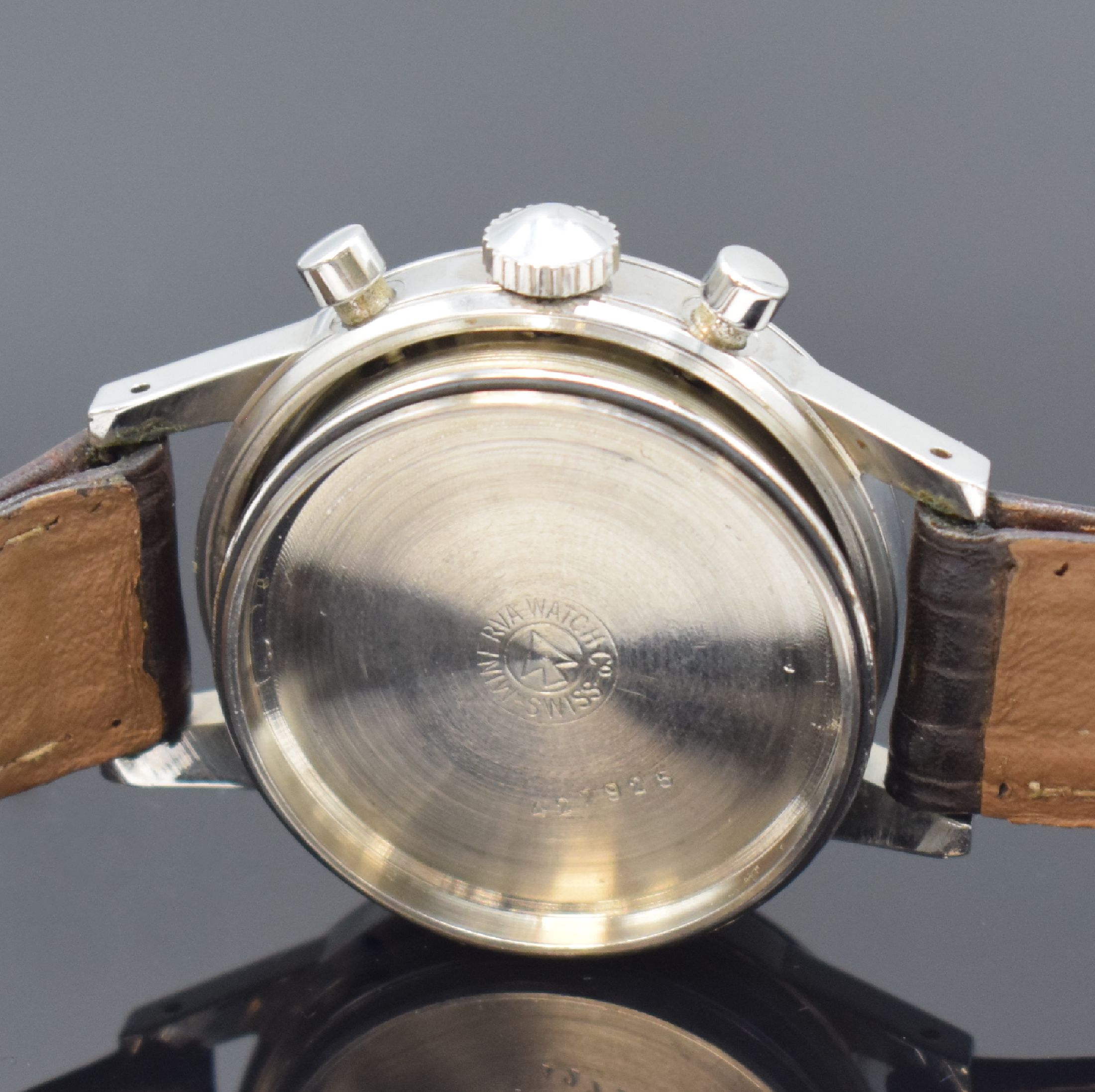 Detail e: MINERVA Herrenarmbanduhr mit Chronograph Referenz VD 712 Kaliber Valjoux 72, Schweiz um 1965, Handaufzug, 2-teil. Gehäuse in Stahl, sign. Boden ...
