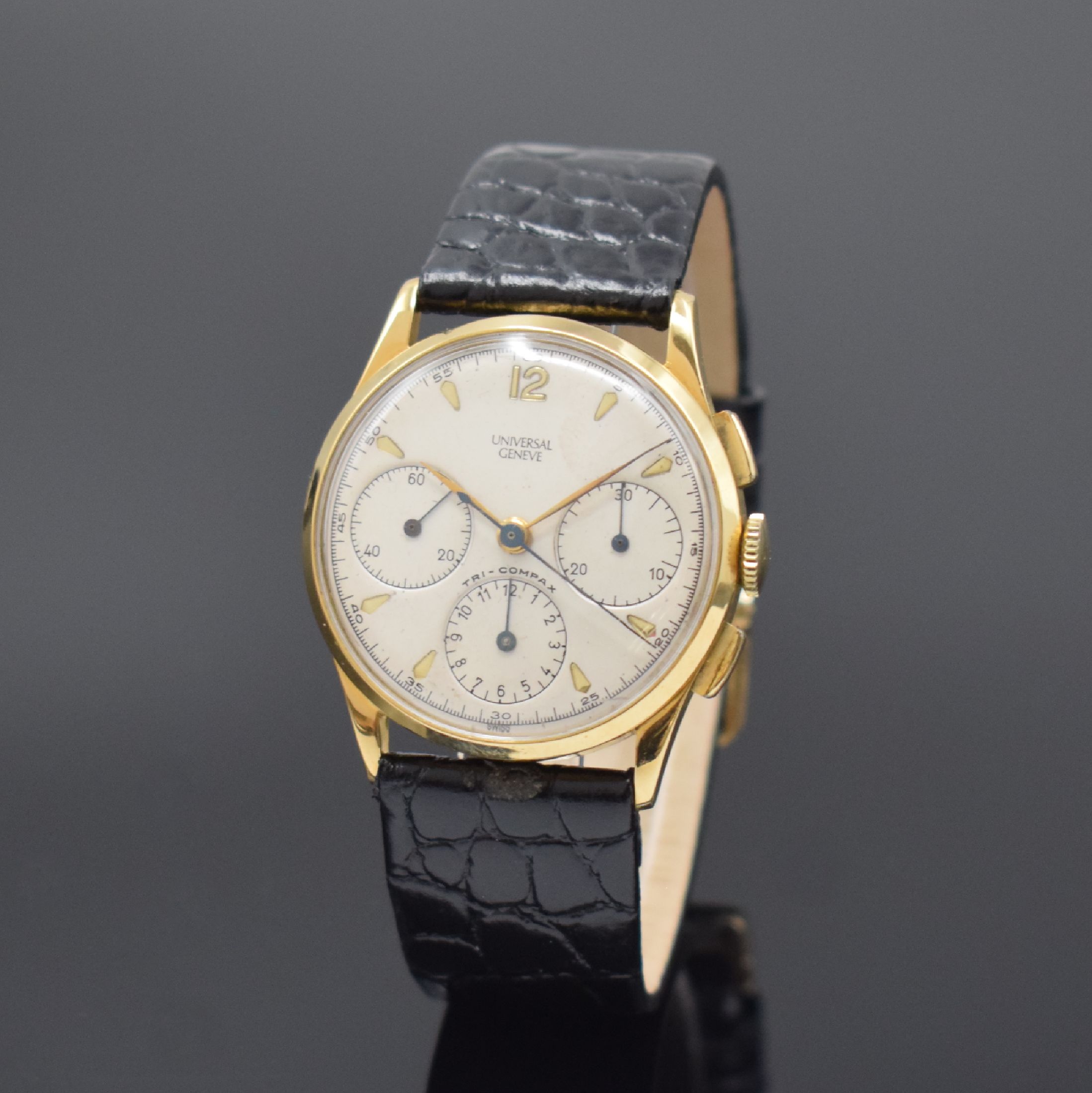 UNIVERSAL GENEVE Herrenarmbanduhr in 750/000 GG mit Chronograph Referenz 12494, Schweiz um 1945, Handaufzug, 3-teil. sign. Gehäuse, Boden u. ...