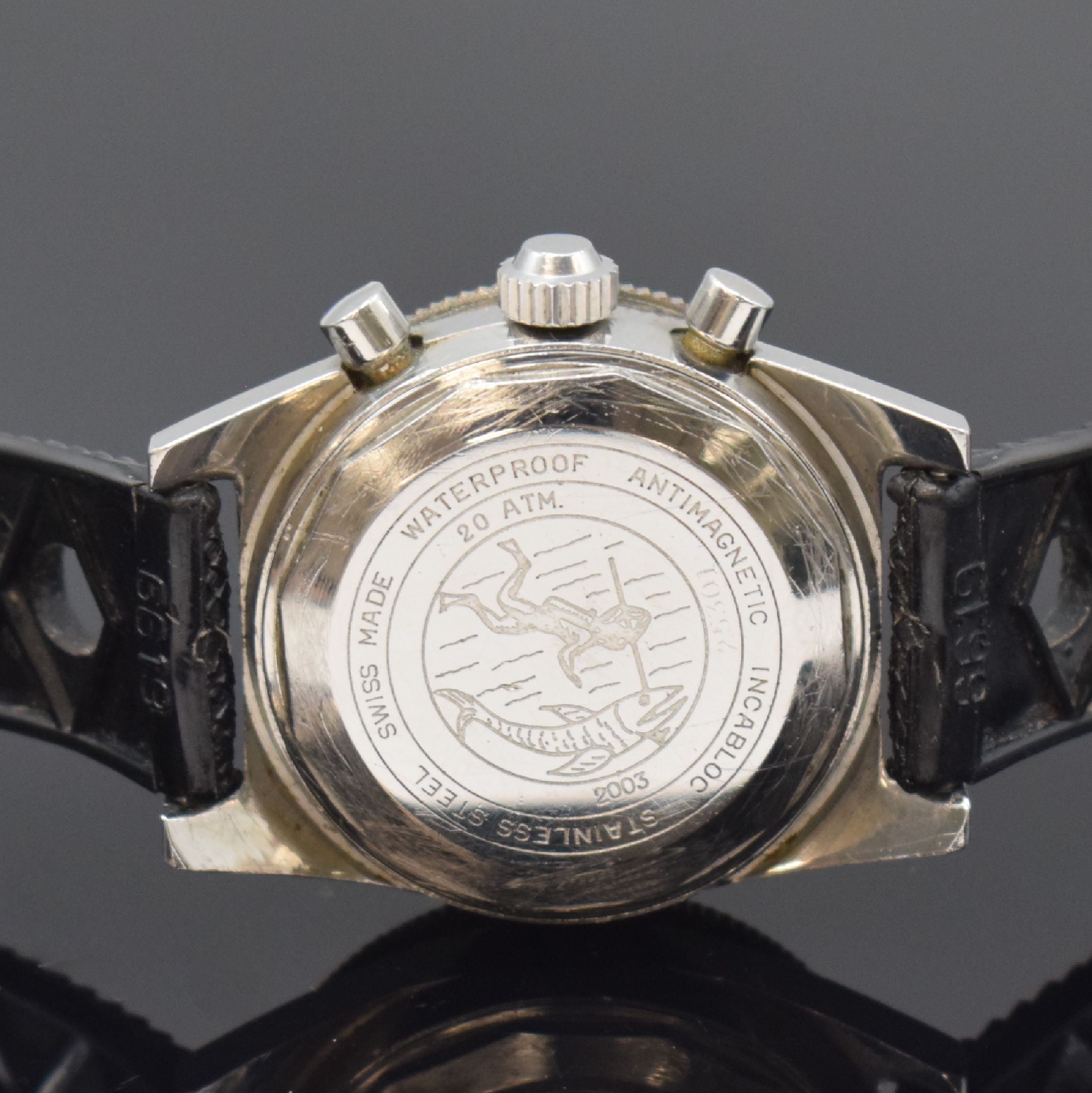 Detail c: KIENZLE Sport Chronograph mit Kaliber Valjoux 72, Schweiz/Deutschland um 1968, Handaufzug, Edelstahlgeh., Boden u. Krone geschr., verchr. Lünette m. ...