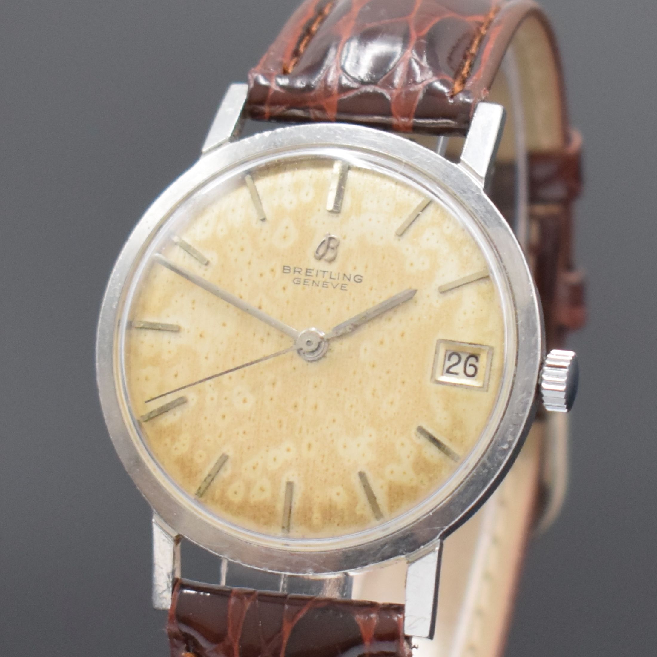 Detail a: BREITLING Herrenarmbanduhr Referenz 4005, Schweiz um 1960, Handaufzug, Monocoque-Geh. in Stahl, Zifferbl. mit aufges. Std.-Ind. altersbed. pat./fl., ...