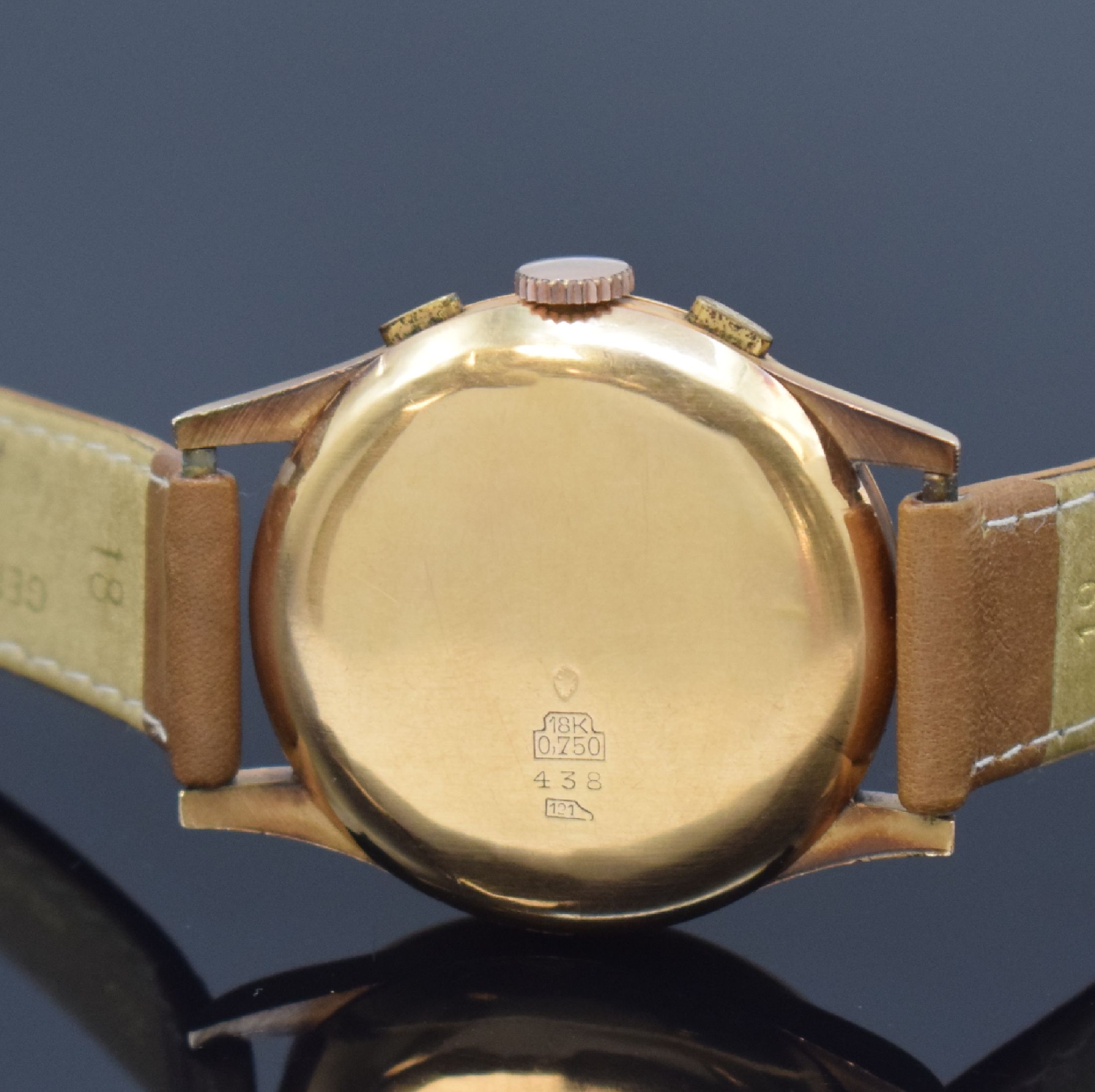 Detail c: CHRONOGRAPHE SUISSE / AUREOLE Herrenarmbanduhr mit Chronograph in RG 750/000, Schweiz um 1950, Handaufzug, 3-teil. Geh., Boden u. Glasrand aufgedr., ...