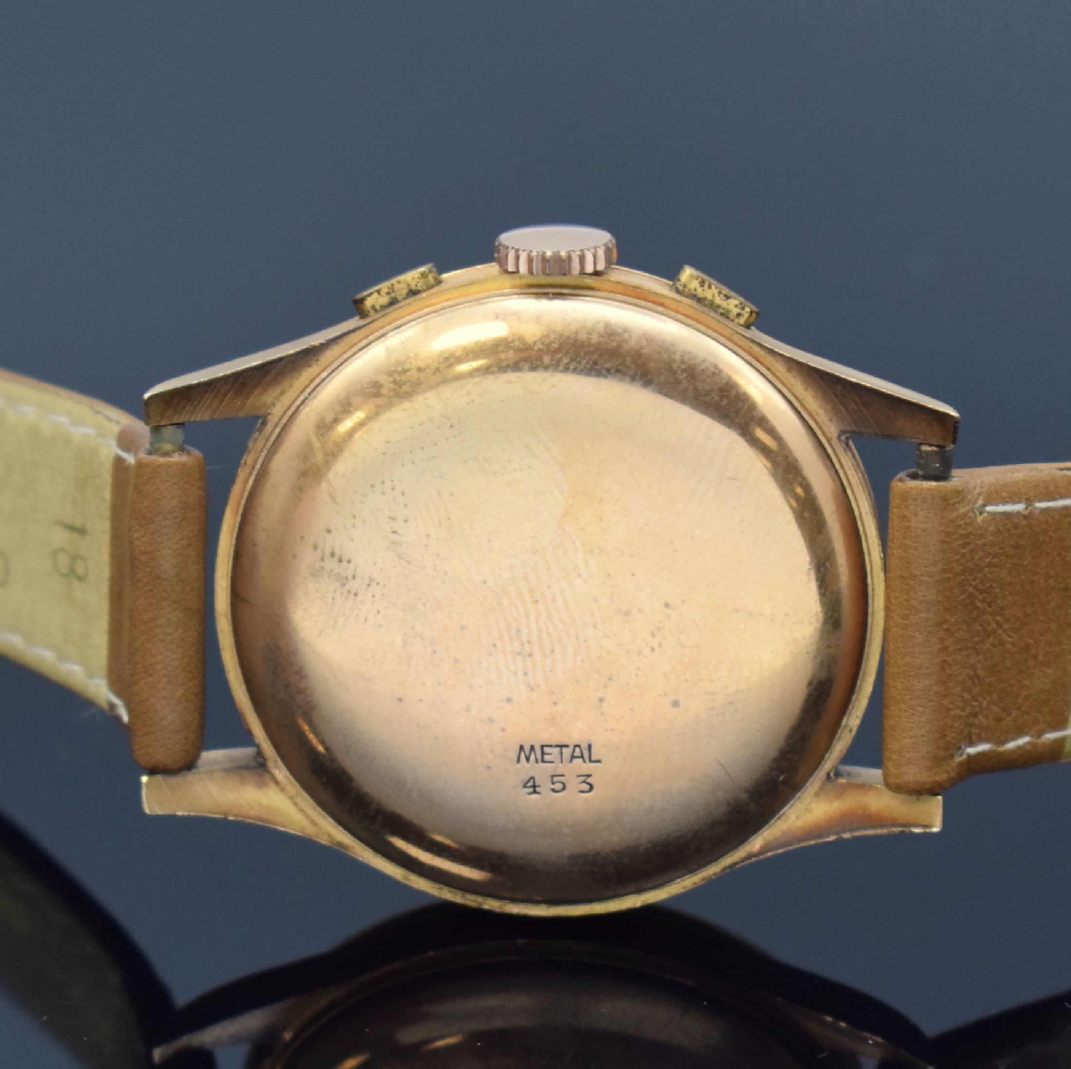 Detail e: CHRONOGRAPHE SUISSE / AUREOLE Herrenarmbanduhr mit Chronograph in RG 750/000, Schweiz um 1950, Handaufzug, 3-teil. Geh., Boden u. Glasrand aufgedr., ...
