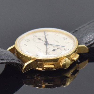 26661405b - LONGINES 18k yellow gold 13ZN Flyback- chronograph, Switzerland around 1940, manual winding, 3-piece construction case, snap on case back and bezel, restored dial, gold plated movement with repair signs, beveled cadrature, Glucydur-balance with Breguet balance-spring, diameter approx. 35 mm, condition 3, property of a collector