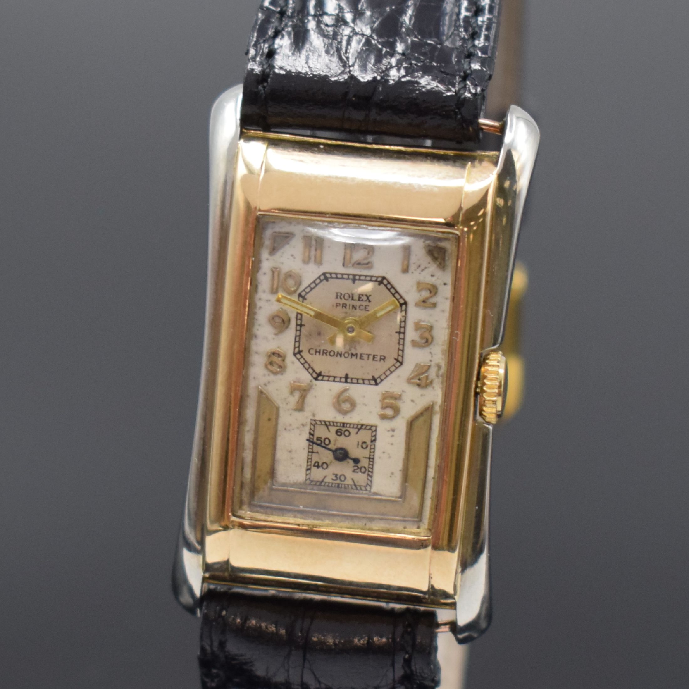 Detail a: ROLEX Prince Brancard Chronometer Armbanduhr in RG/WG 375/000 Referenz 971, Schweiz um 1939, Handaufzug, Rectangulärgeh., Boden m. Gravur aufgedr., ...