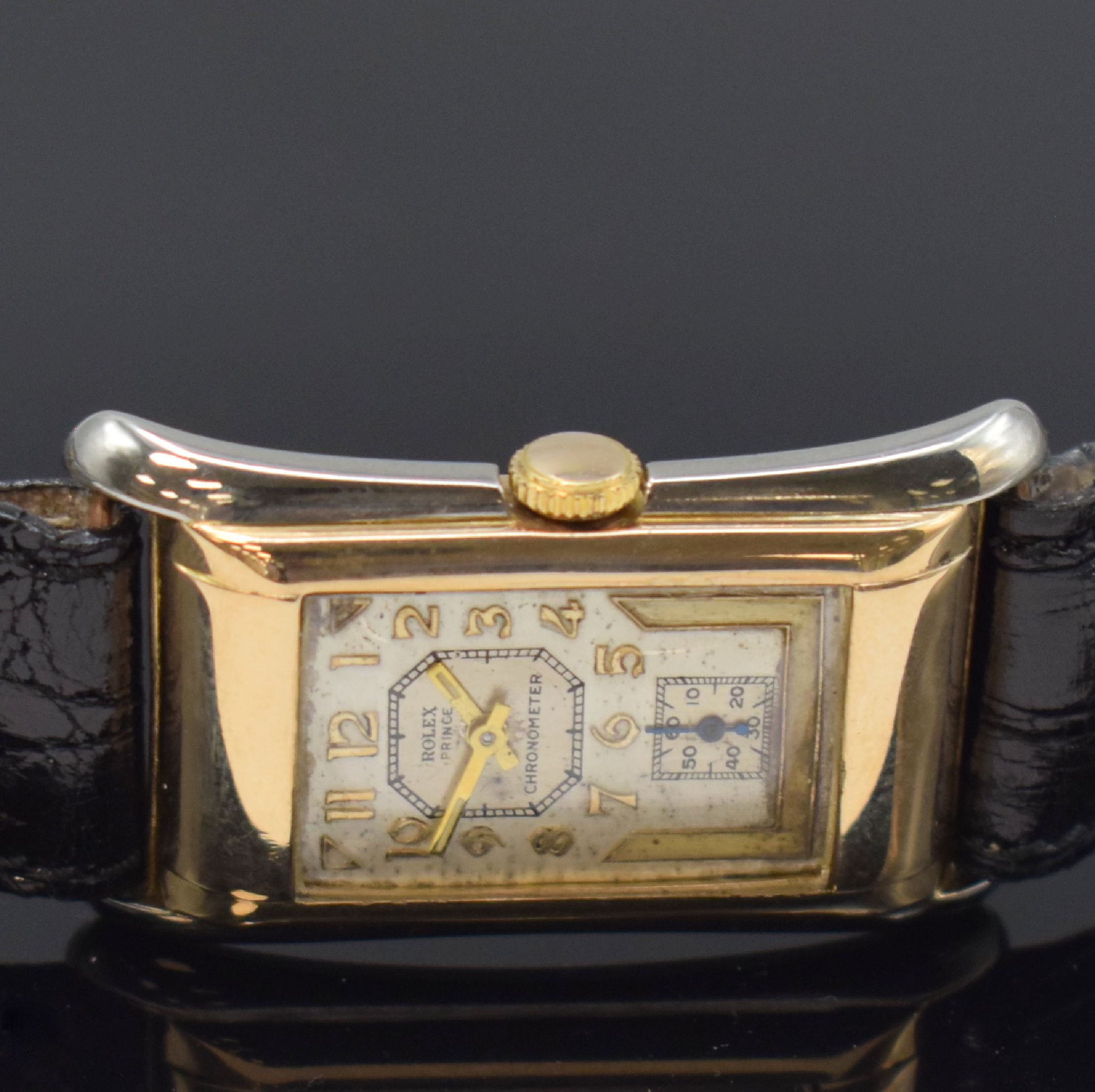 Detail b: ROLEX Prince Brancard Chronometer Armbanduhr in RG/WG 375/000 Referenz 971, Schweiz um 1939, Handaufzug, Rectangulärgeh., Boden m. Gravur aufgedr., ...