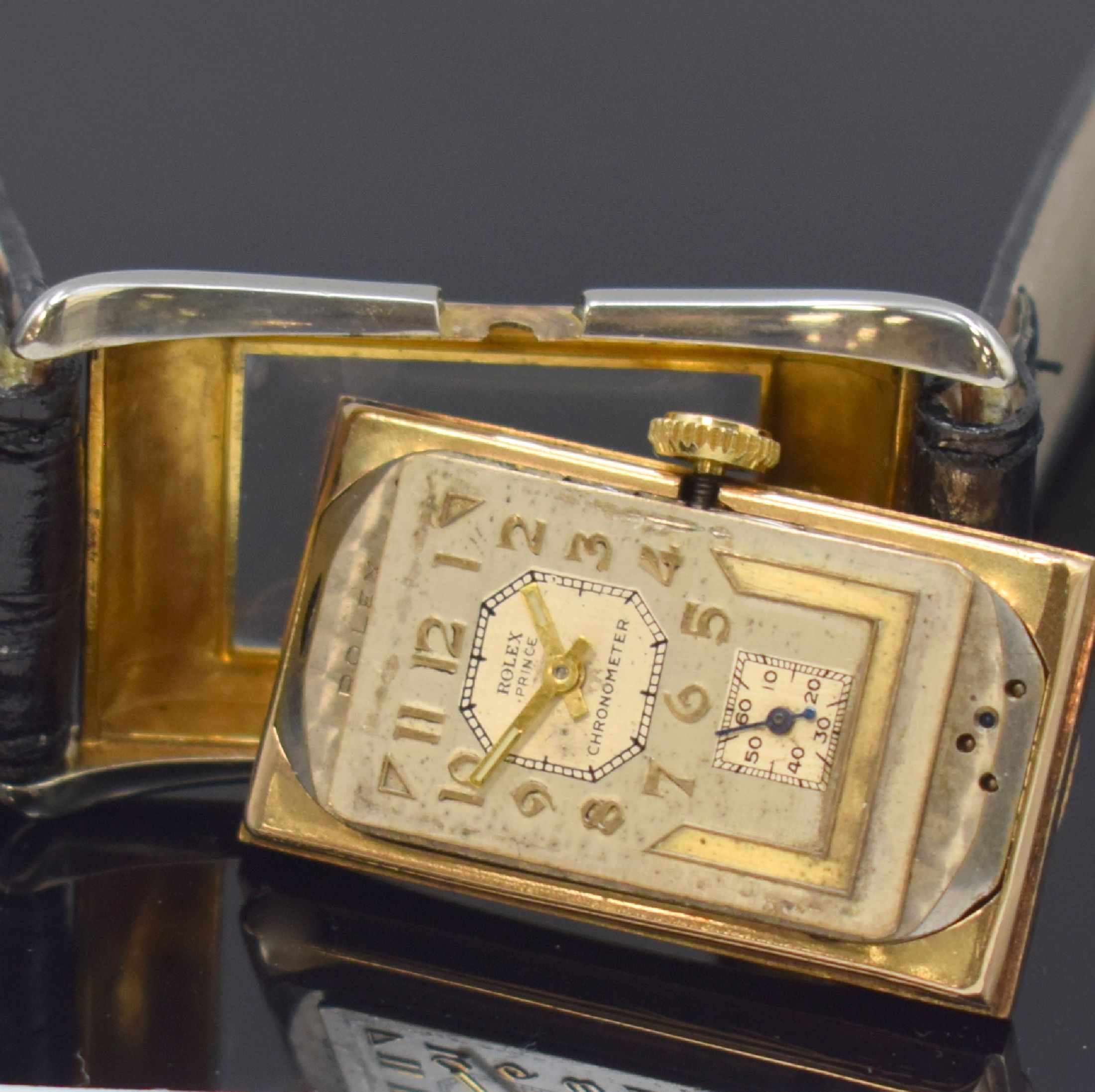 Detail f: ROLEX Prince Brancard Chronometer Armbanduhr in RG/WG 375/000 Referenz 971, Schweiz um 1939, Handaufzug, Rectangulärgeh., Boden m. Gravur aufgedr., ...