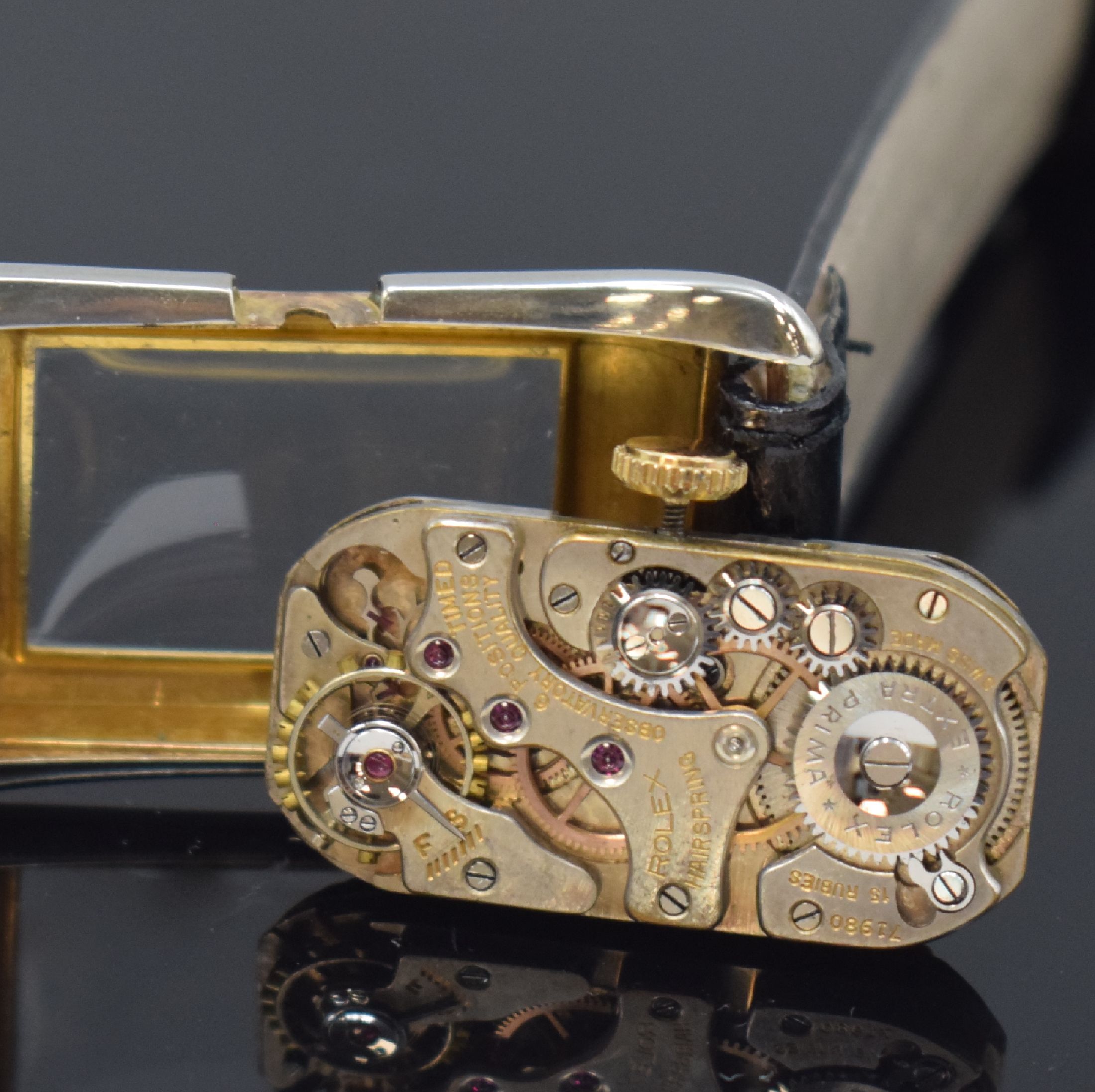 Detail h: ROLEX Prince Brancard Chronometer Armbanduhr in RG/WG 375/000 Referenz 971, Schweiz um 1939, Handaufzug, Rectangulärgeh., Boden m. Gravur aufgedr., ...