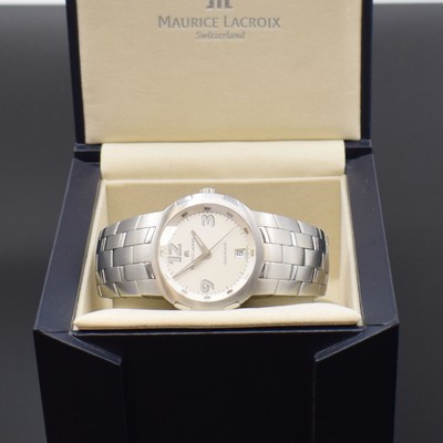 26661615e - MAURICE LACROIX gents wristwatch series Milestone, quartz, reference MS6017, stainless steel case including bracelet with butterfly buckle, sapphire crystal, case back screwed-down 4-times, display of hour, minutes, sweep seconds and date, diameter approx. 39 mm, length approx. 20 cm, logo on winding crown missing, original box enclosed, condition 2-3