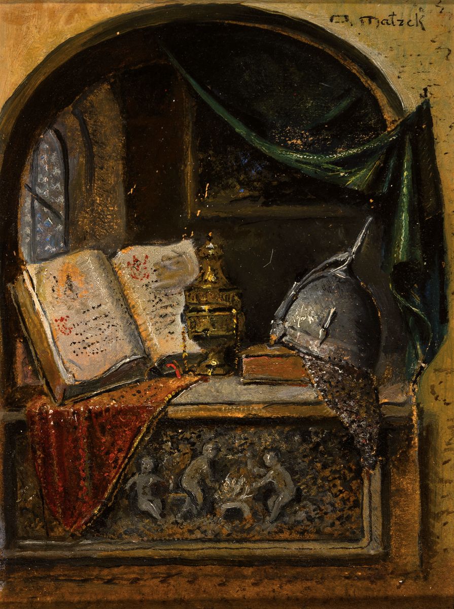 Otto Metzek, österreichischer Maler des 19./20. Jh., Stillleben mit Buch, Helm und Weihrauchgefäß in einer Nische, Öl/Malkarton, rechts oben ...