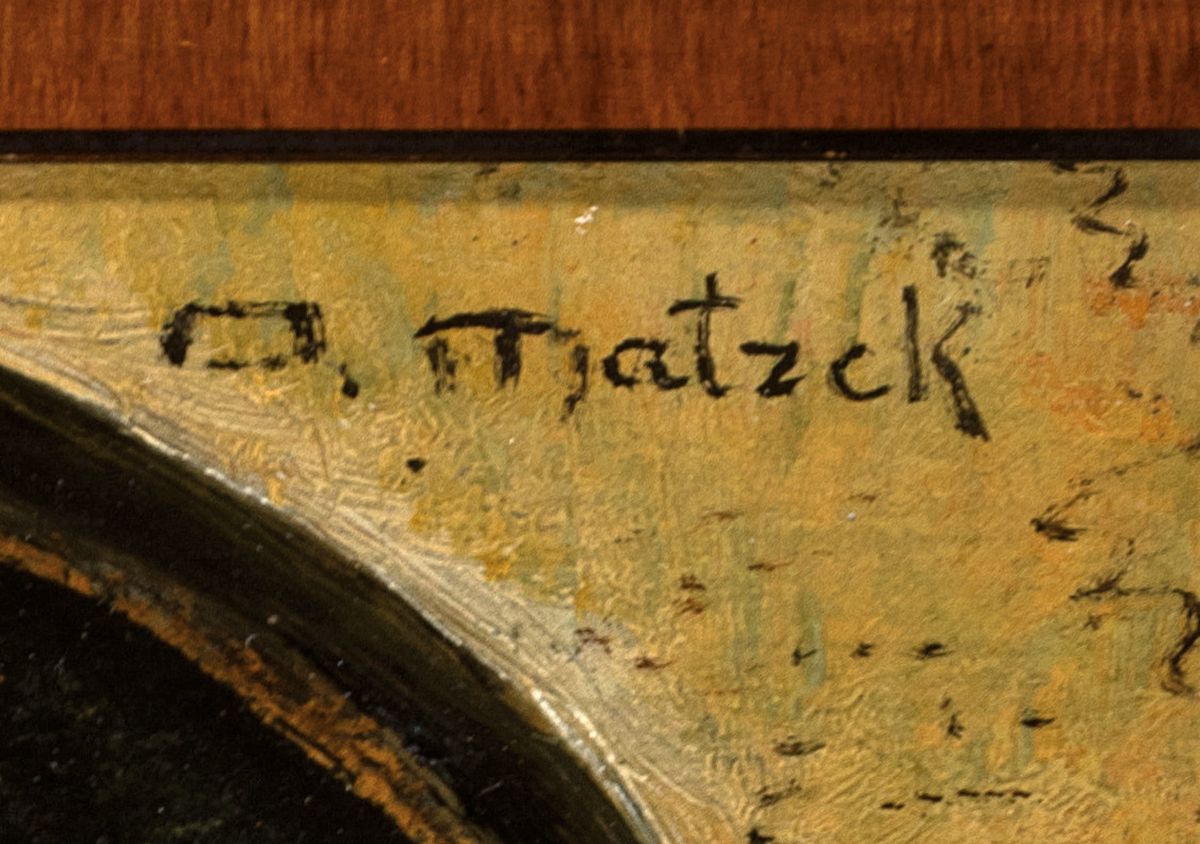 Detail a: Otto Metzek, österreichischer Maler des 19./20. Jh., Stillleben mit Buch, Helm und Weihrauchgefäß in einer Nische, Öl/Malkarton, rechts oben ...