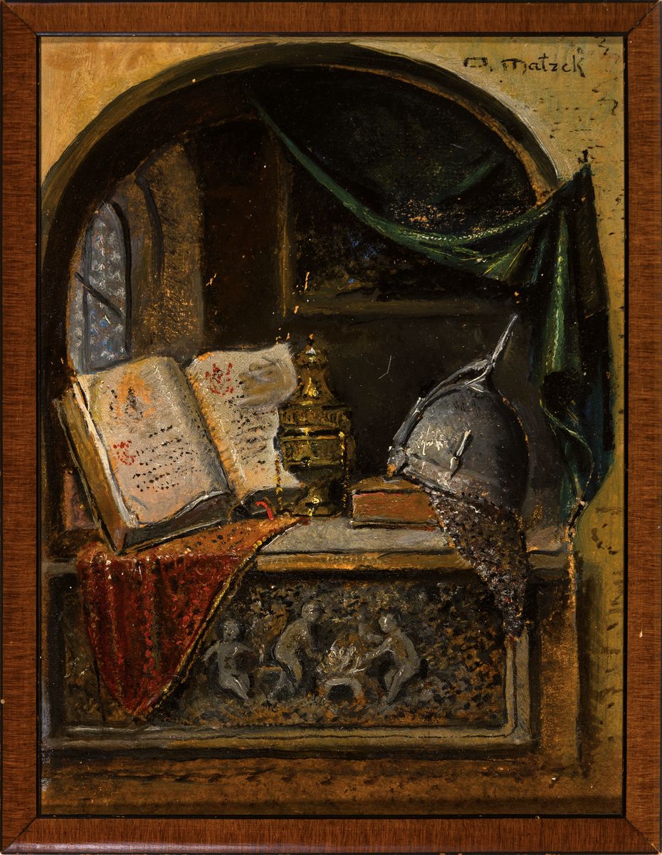Detail k: Otto Metzek, österreichischer Maler des 19./20. Jh., Stillleben mit Buch, Helm und Weihrauchgefäß in einer Nische, Öl/Malkarton, rechts oben ...