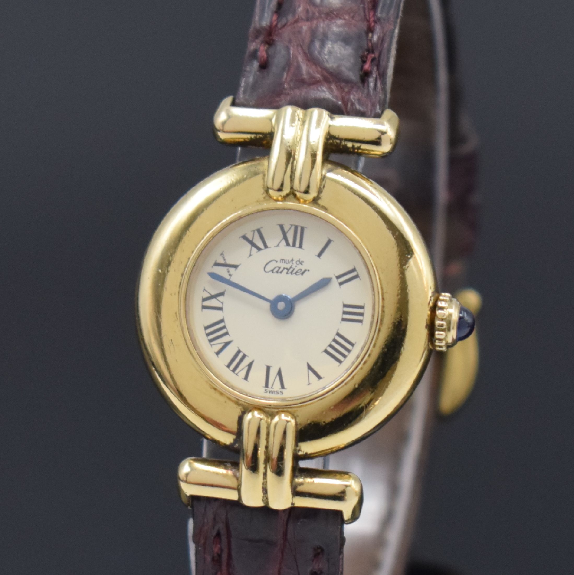 Detail a: CARTIER Damenarmbanduhr Vermeil Referenz 590002, Schweiz um 1990, quarz, 2-tlg. verg. Silbergeh., orig. Lederband m. verg. Schließe, Boden 2-fach ...