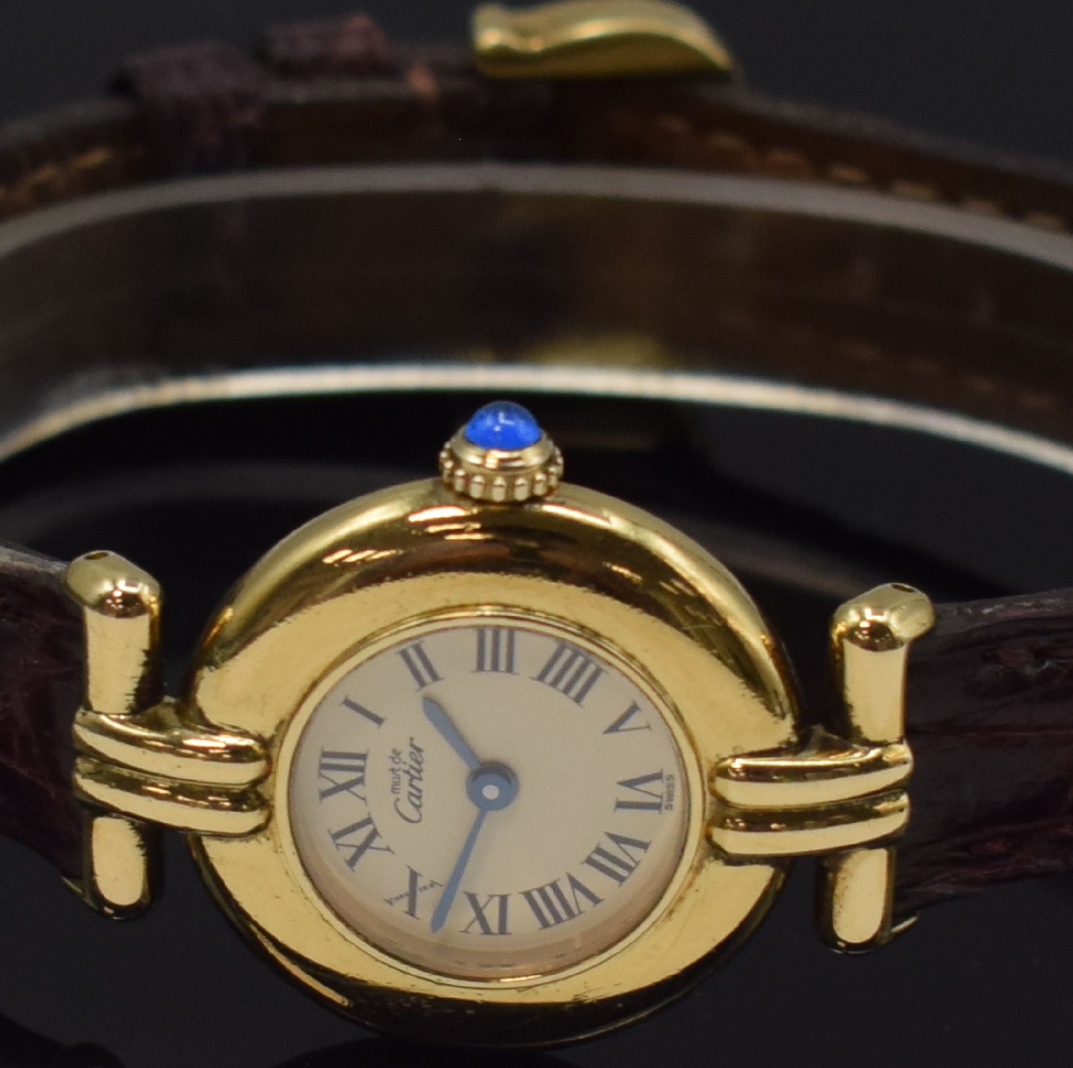 Detail b: CARTIER Damenarmbanduhr Vermeil Referenz 590002, Schweiz um 1990, quarz, 2-tlg. verg. Silbergeh., orig. Lederband m. verg. Schließe, Boden 2-fach ...